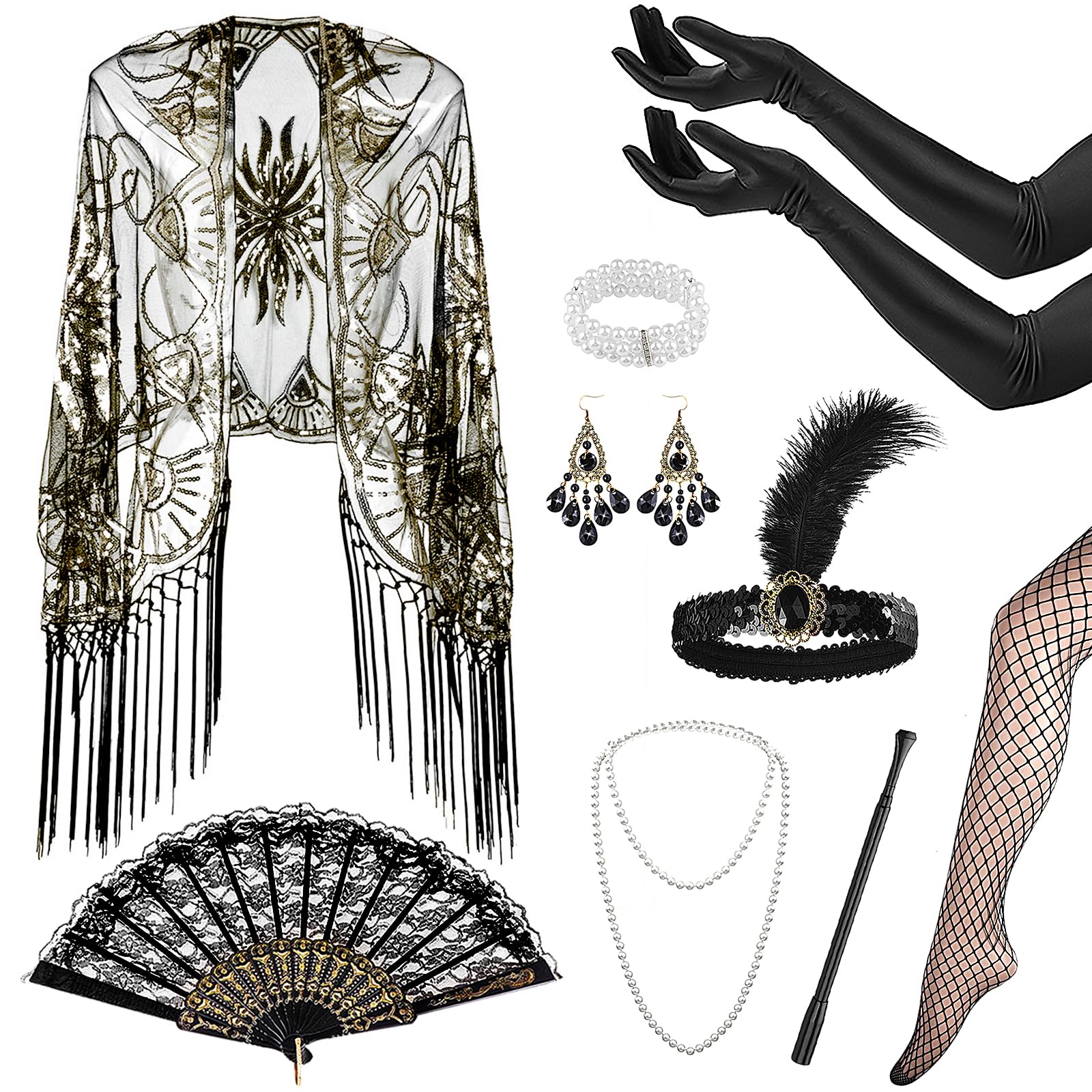 11Pcs 1920s Flapper Great Gatsby Accessories Set,Roaring 20's Theme Set with Long Shawl Fans Headband Gloves Necklace Earrings Handheld Prop,1920s Flapper Costume Vintage Accessories for Women Ladies