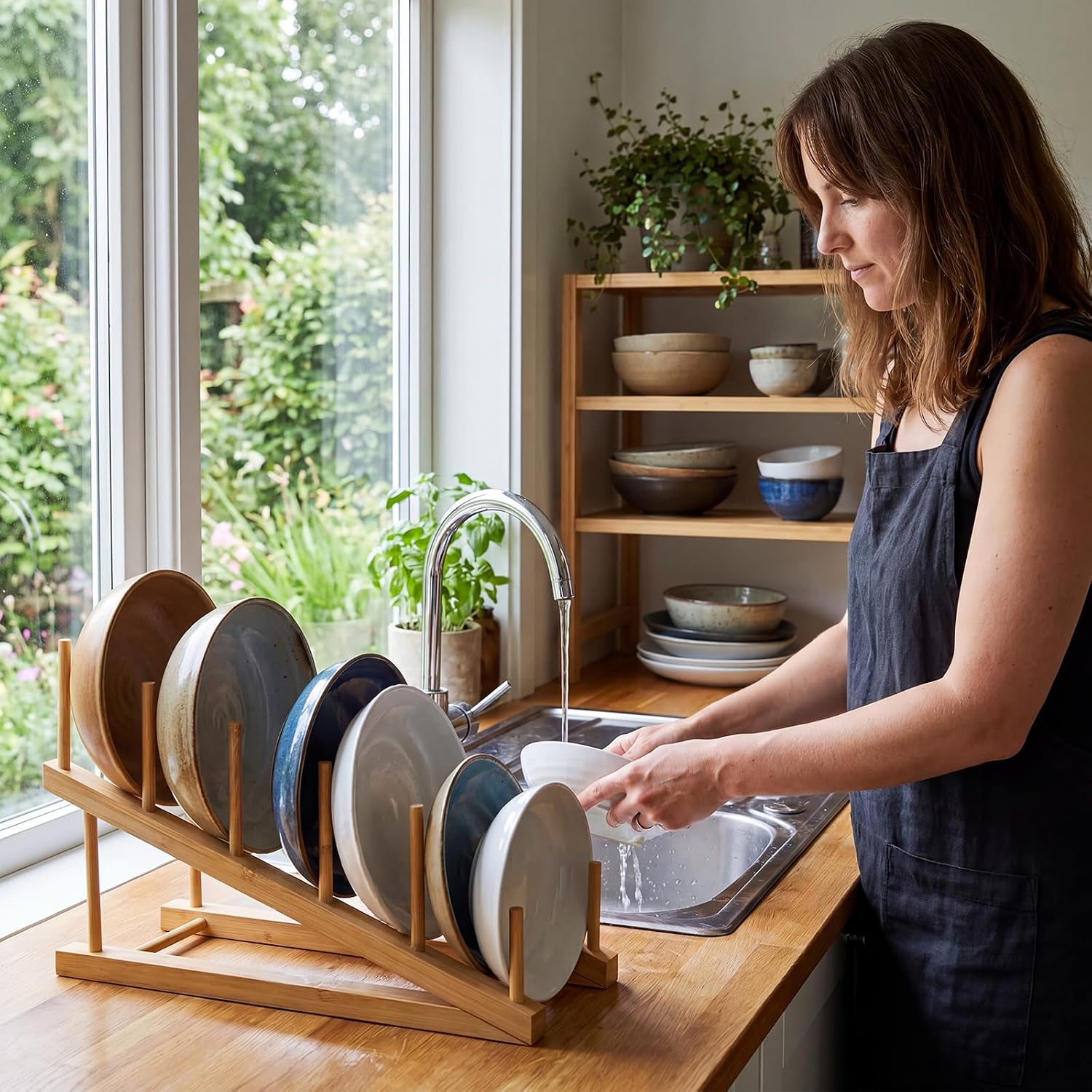 Junkin 6 Pcs Wooden Art Display Stand Paint Drying Rack 5-Tier Wood Plate Stands for Display Dish Drying Rack Cabinet Organizer Pot Lid Holder for Kitchen Picture Canva Artwork Tabletop Book Magazine