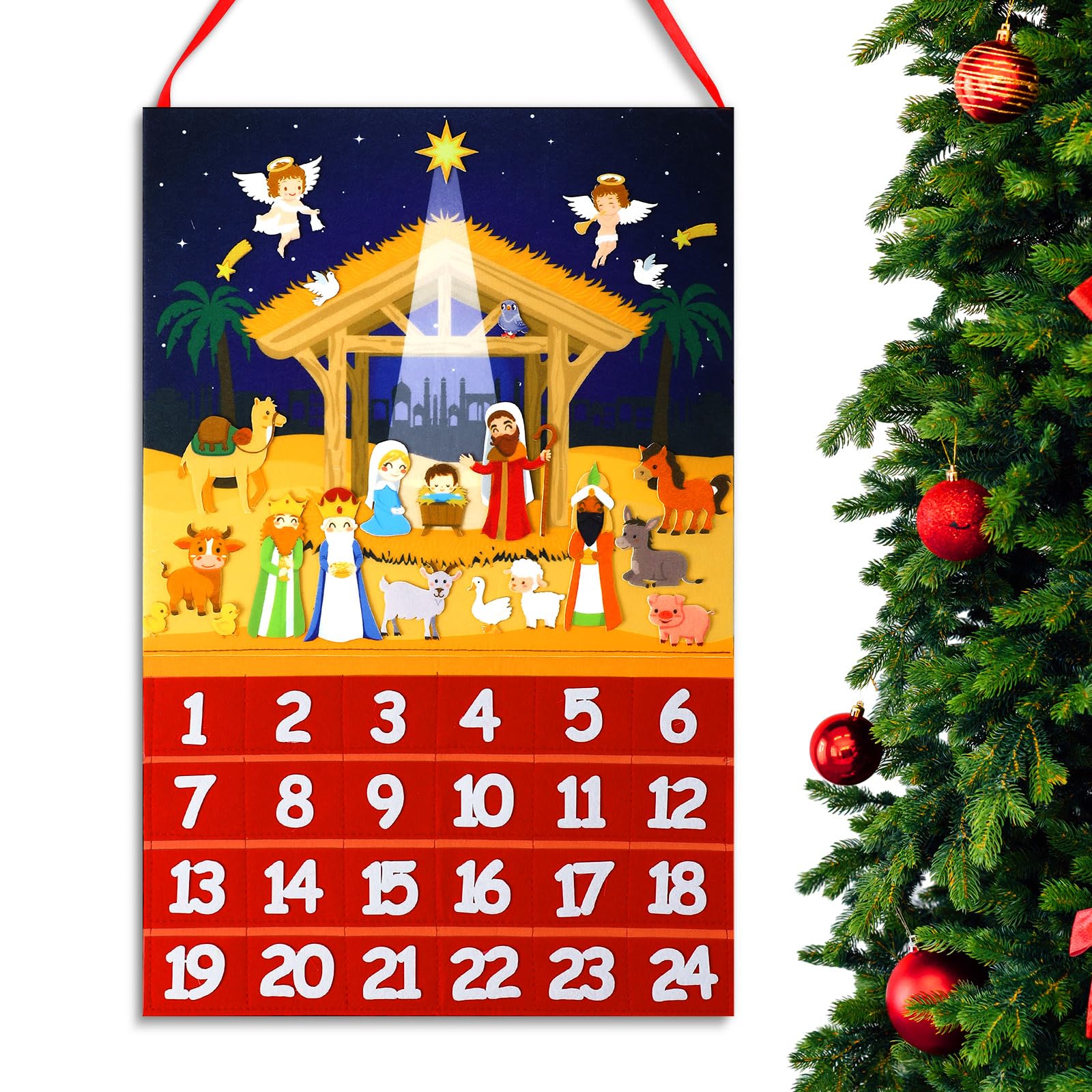 WonderjuneNativity Holy Night Advent Calendar Birth of Jesus Countdown with 24 Numbers Religious Hanging Advent Calendar Stuffed Cloth Ornaments fabric Advent Calendar for Gifts Holiday Decor
