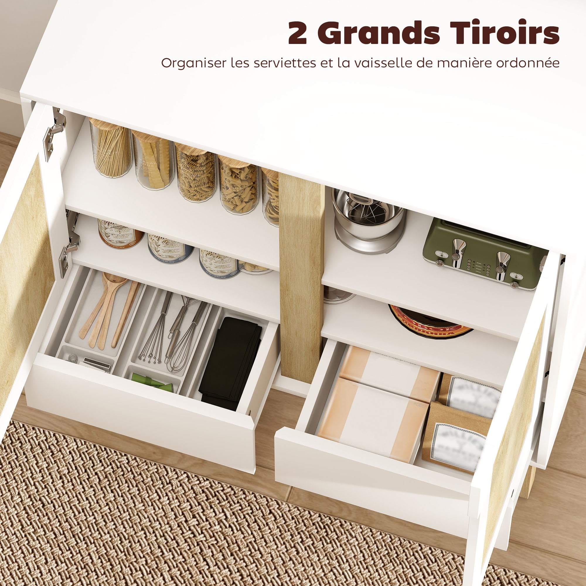 HOMCOM Buffet 2 Portes 2 Tiroirs Nordique 80 x 40 x 86 cm Blanc et Chêne | Meuble de Rangement, Étagère Réglable, Pieds en Bois de Caoutchouc, Buffet Salle à Manger, Cuisine et Salon