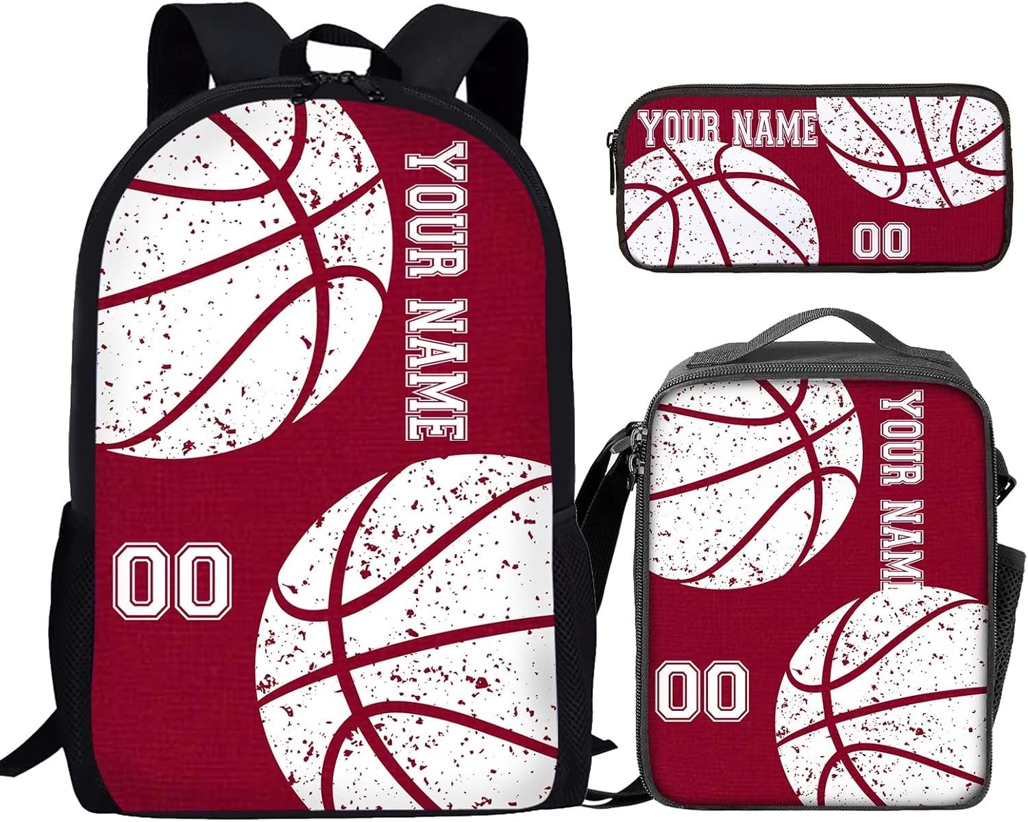 Howilath Custom Basketball Pattern Red Lightweight 17 Inch School Shoulder Bag Set Adorable Funny Backpack for Teen Girls Boys with Thermal Insulated Lunchbox Pencil Case