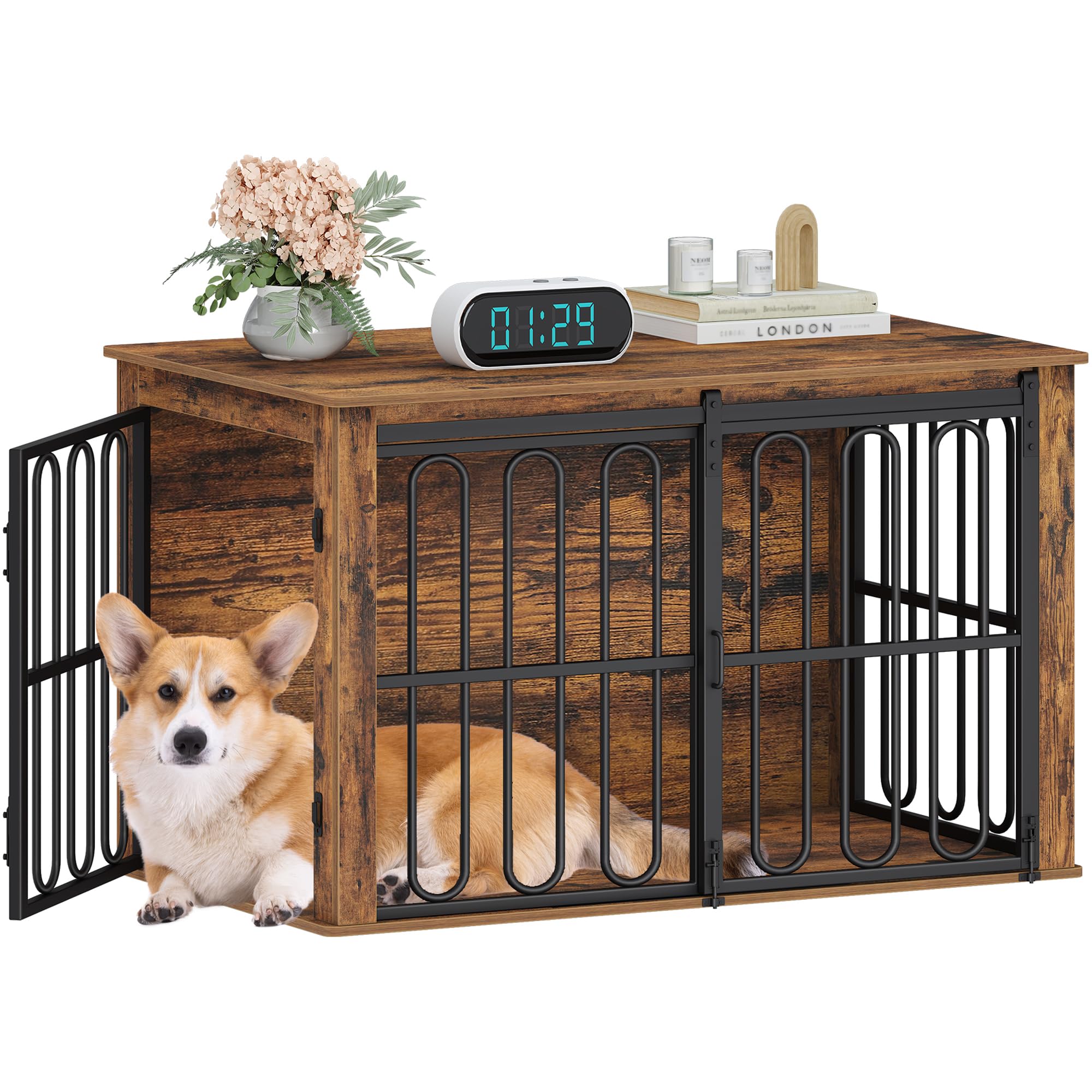 HEXCELEN Cage pour Chien avec Porte Coulissante, 2 Portes, Table d'appoint, pour Petits et Moyens Chiens, Marron, 100 x 60 x 62,4 cm