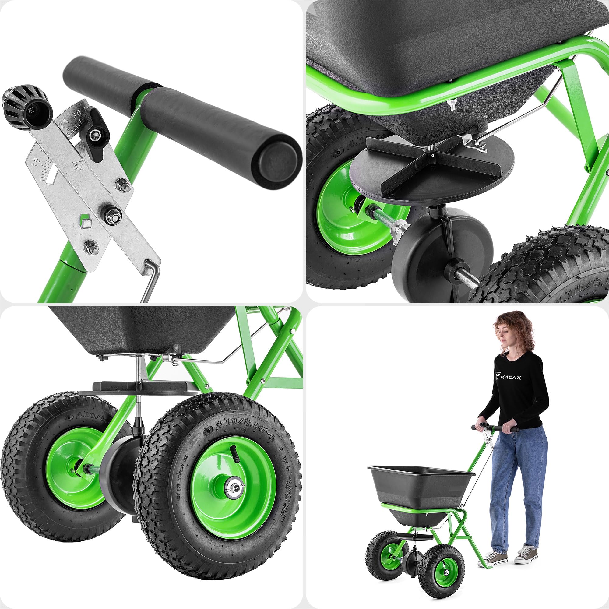 KADAX Carro esparcidor de 45 L con ruedas, esparcidor de abono para semillas de césped, fertilizante para césped, cal y sal de carretera, salero, esparcidor de semillas para el cuidado del césped y el