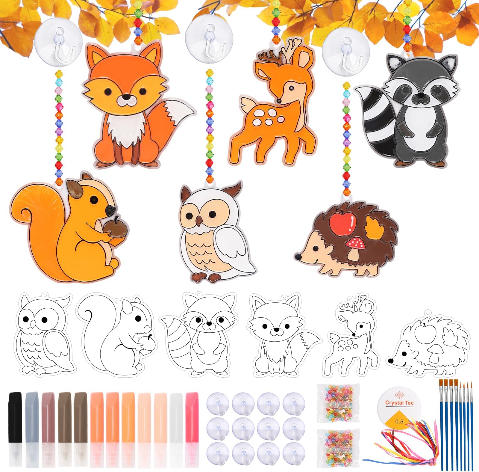 Landifor12pcs Fall Craft Kit Woodland Animal Suncatcher Ornament Paint Your Own Autumn Forest Animals Stained Glass Hanging Window Decor for Kid Boy Girl Classroom Activity Art Project