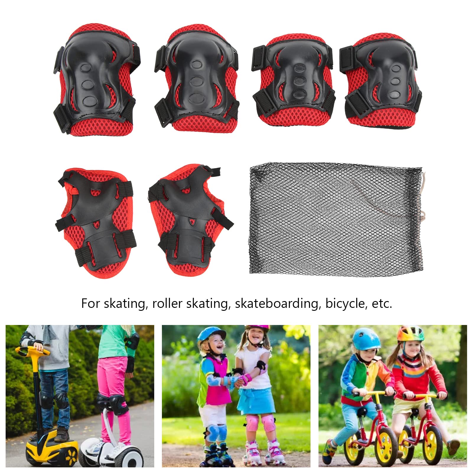 Gavigain 6Pcs Knee Pads for Kids Knee Elbow Pads, Youth Protective Pads Adjustable Roller Skating Protective Gear Knee Elbow Palm Guards for Roller Skating Bike Cycling Skateboard (Red)
