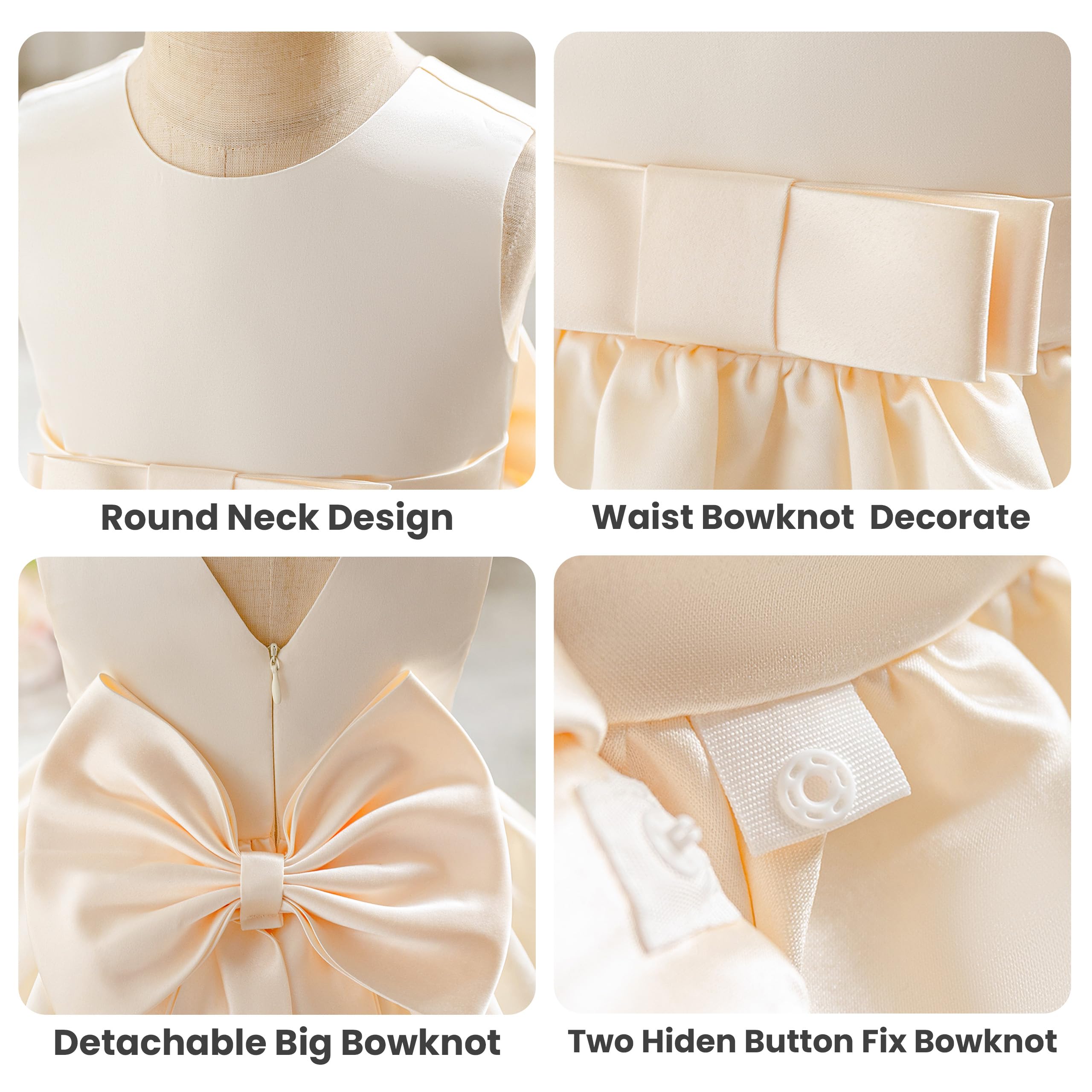 Miipat Robe pour Bébé Fille Satiné Robe Demoiselle d'honneur Bowknot Ligne A V-arrière Baptême Mariage de Soirée Anniversaire Fête Communion Robes pour Enfants de 6 Mois à 4 Ans