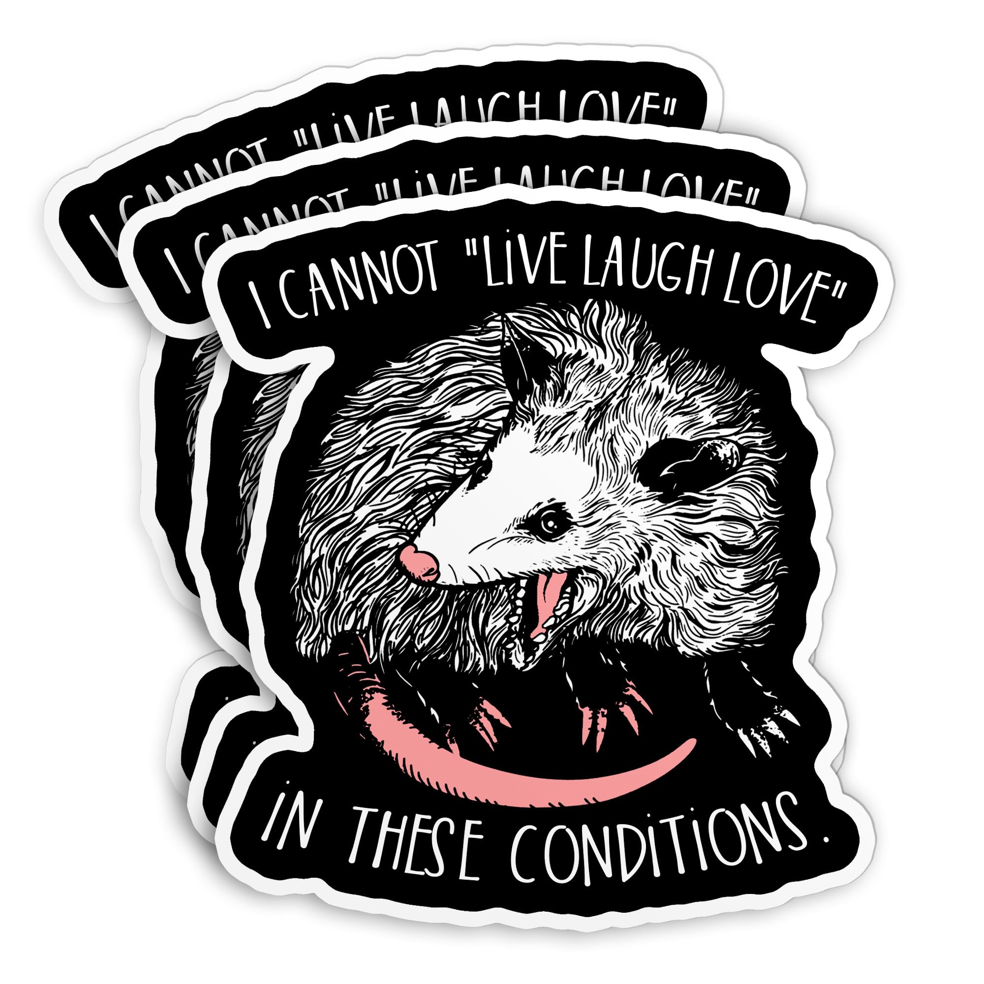 (3Pcs-3") I Cannot Live Laugh Love in These Conditions Sticker Funny Opossum Stickers Possum Sarcastic 3" Waterproof Vinyl Sticker for Laptop Water