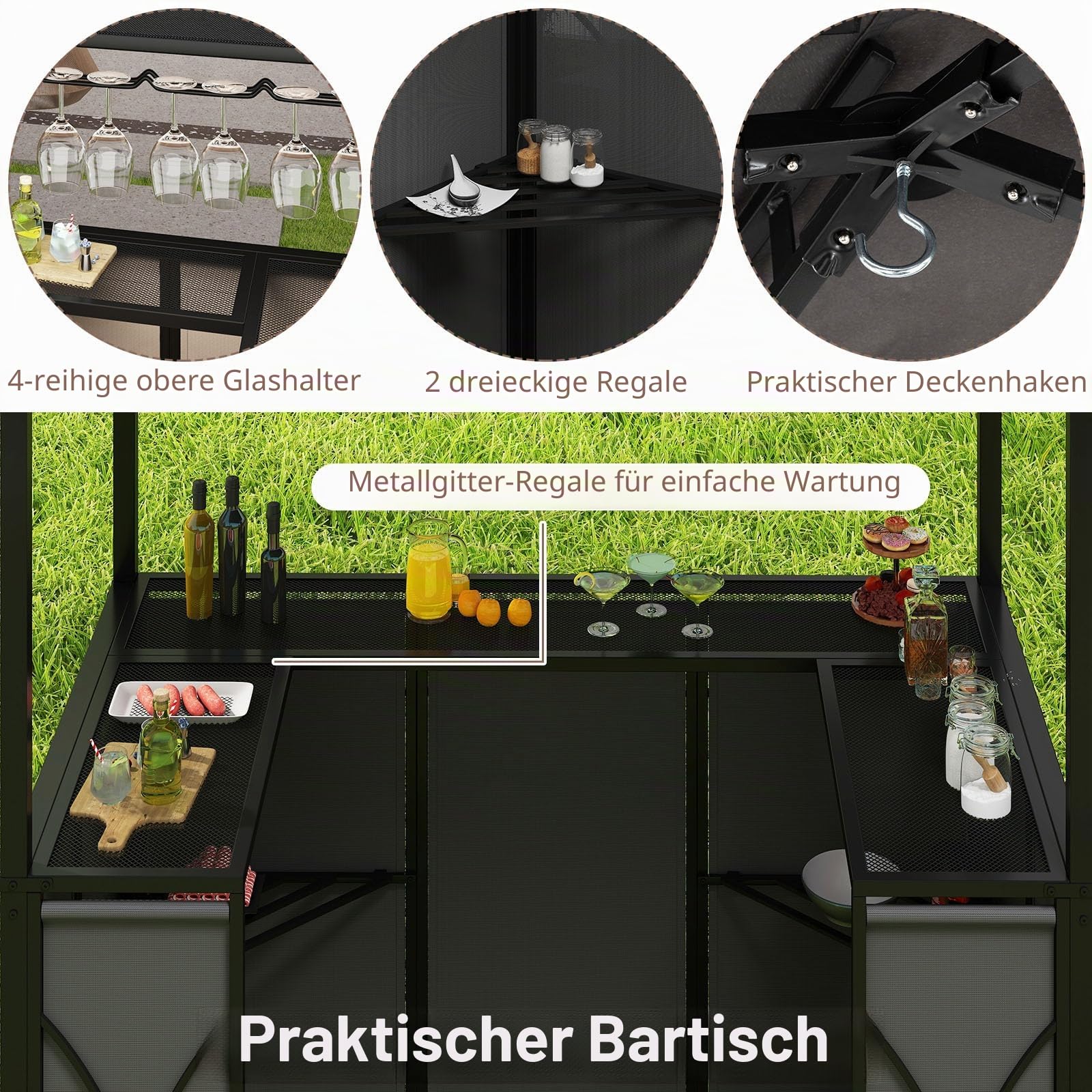 HOMASIS Grillpavillon mit Bartisch und 2 Hockern, strapazierfähiger Outdoor-Pavillon mit Doppeldach, regen- und feuerfeste Pergola (Grau, mit Seitenzelt, 193 x 117 x 240 cm)