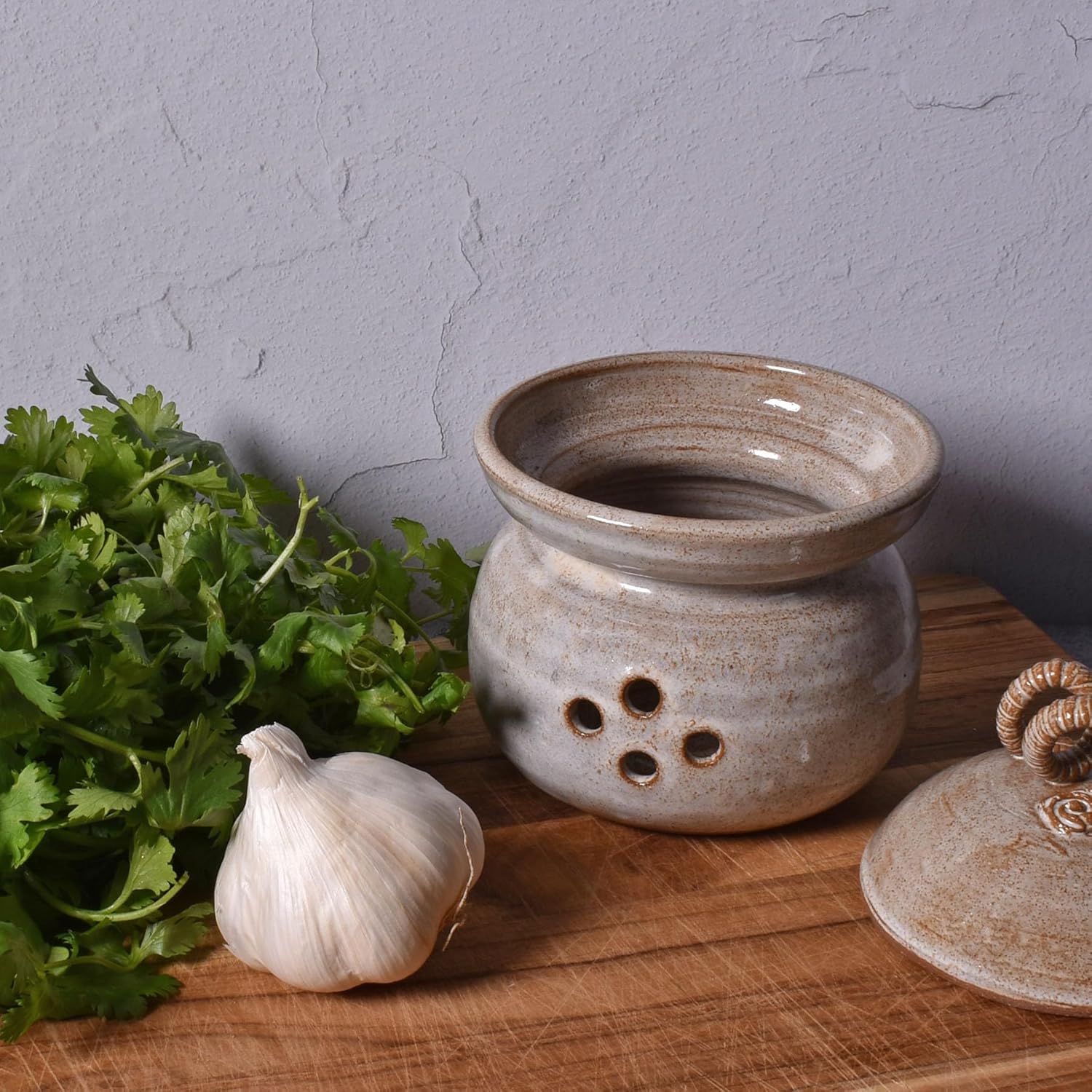 American Handmade Garlic Keeper Jar with Pewter Plaque by MudWorks Pottery, Sandstone Beige