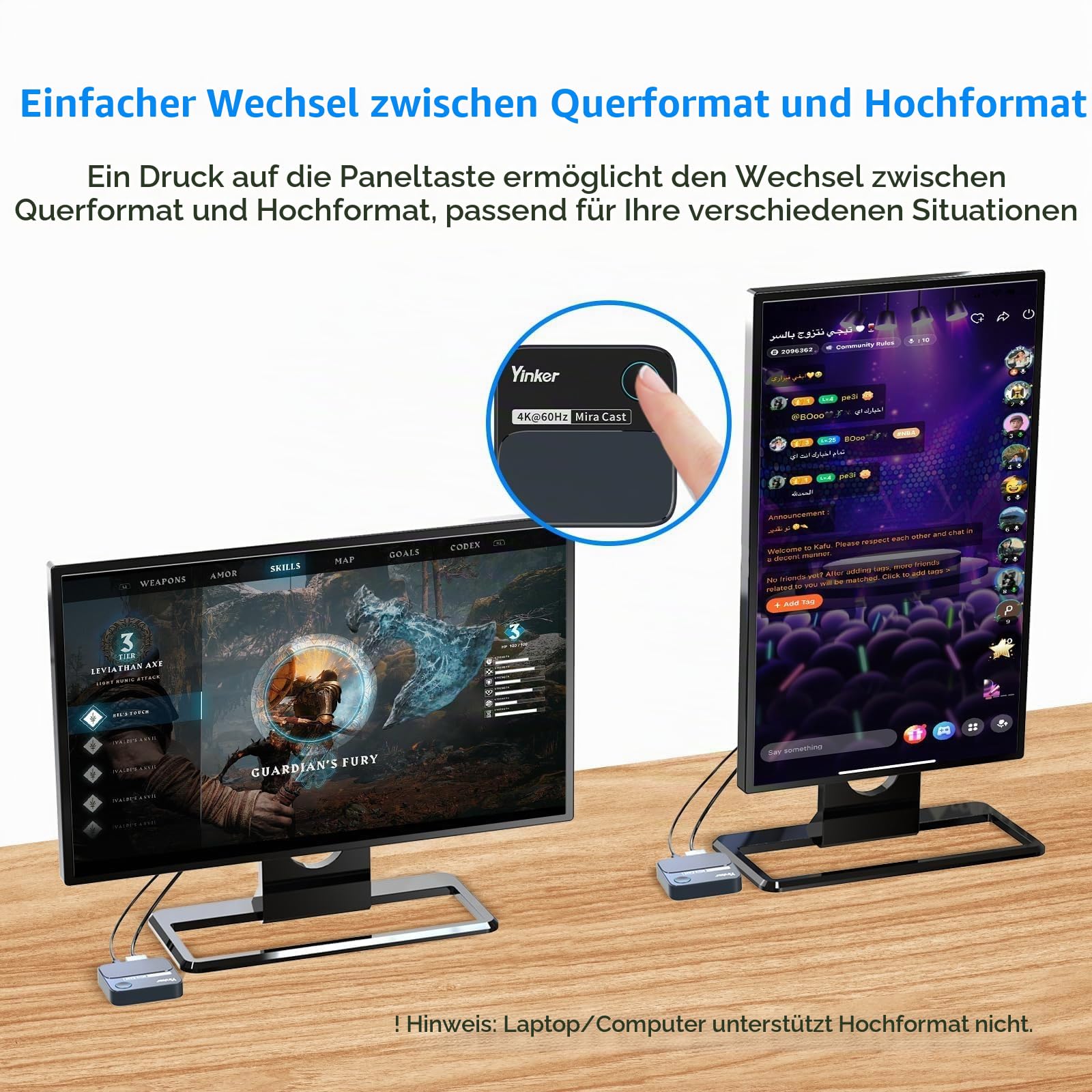 4K60Hz HDMI Wireless Dongle, Yinker 4K@60Hz 5G Miracast Adapter für iOS, MacOS, Android, Windows, Kompatibel mit Miracast, Airplay, DLNA Quer- oder Hochformat
