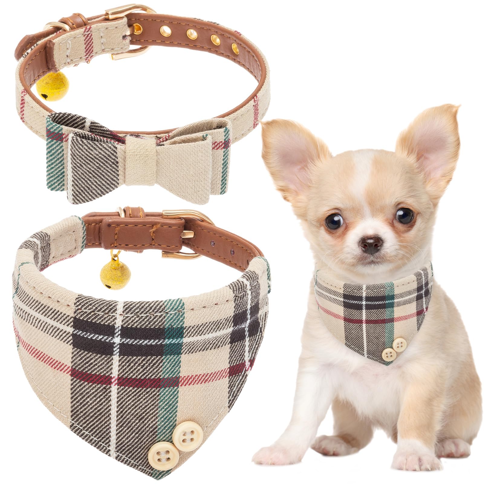 EXPAWLORER Dog Collar - Classic Plaid Bow Tie and Bandana Cute Puppy Collars with Bell, Soft Pet Collar Adjustable for Small and Medium Dogs Cats, Cream X-Small