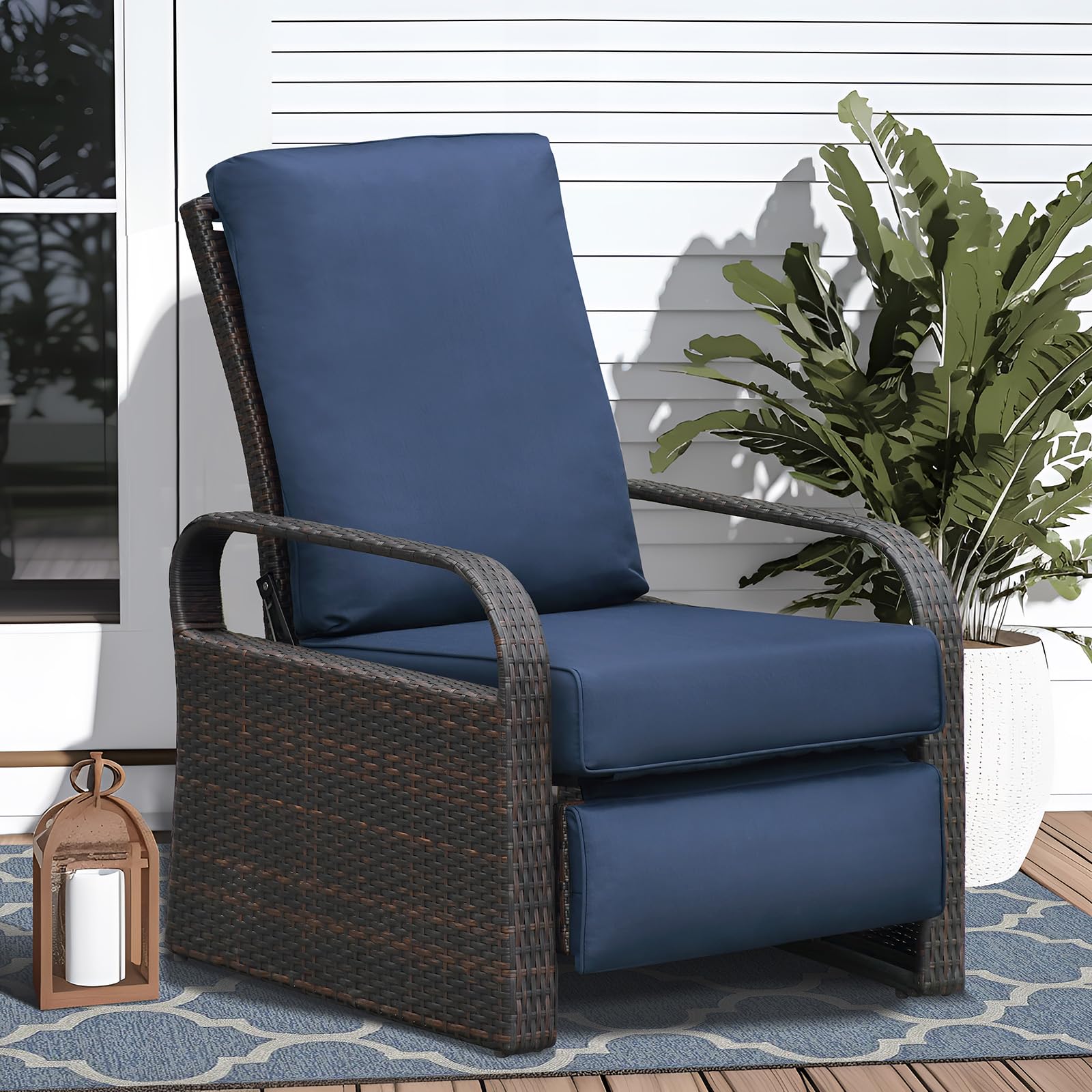 Skypatio Oversized Indoor & Outdoor Wicker Recliner, Adjustable All-Weather Wicker Patio Reclining Chair, Aluminum Patio Rattan Armchair with Thick