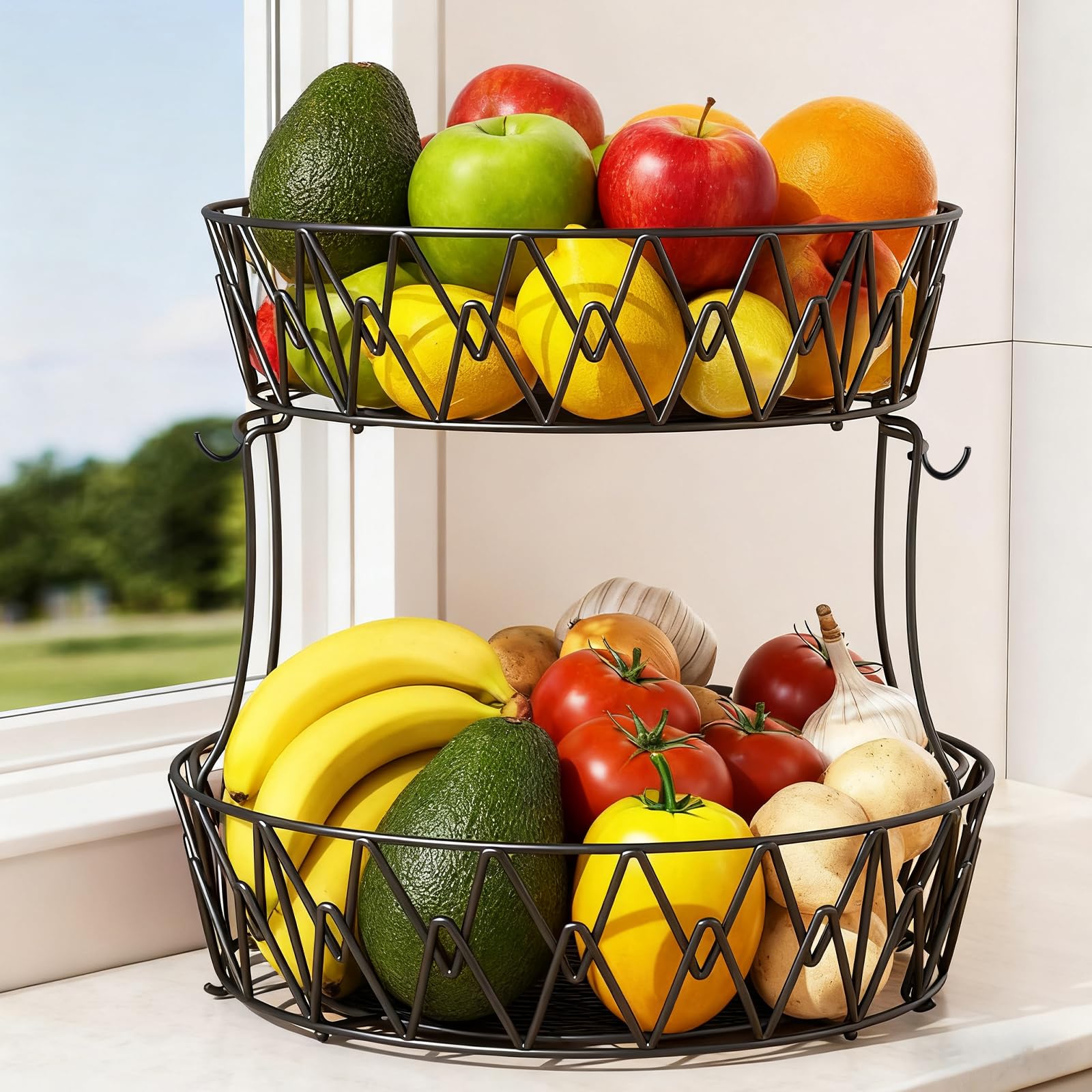 Frutero de cocina NANZU con dos niveles ideal para organizar pan, verduras y aperitivos