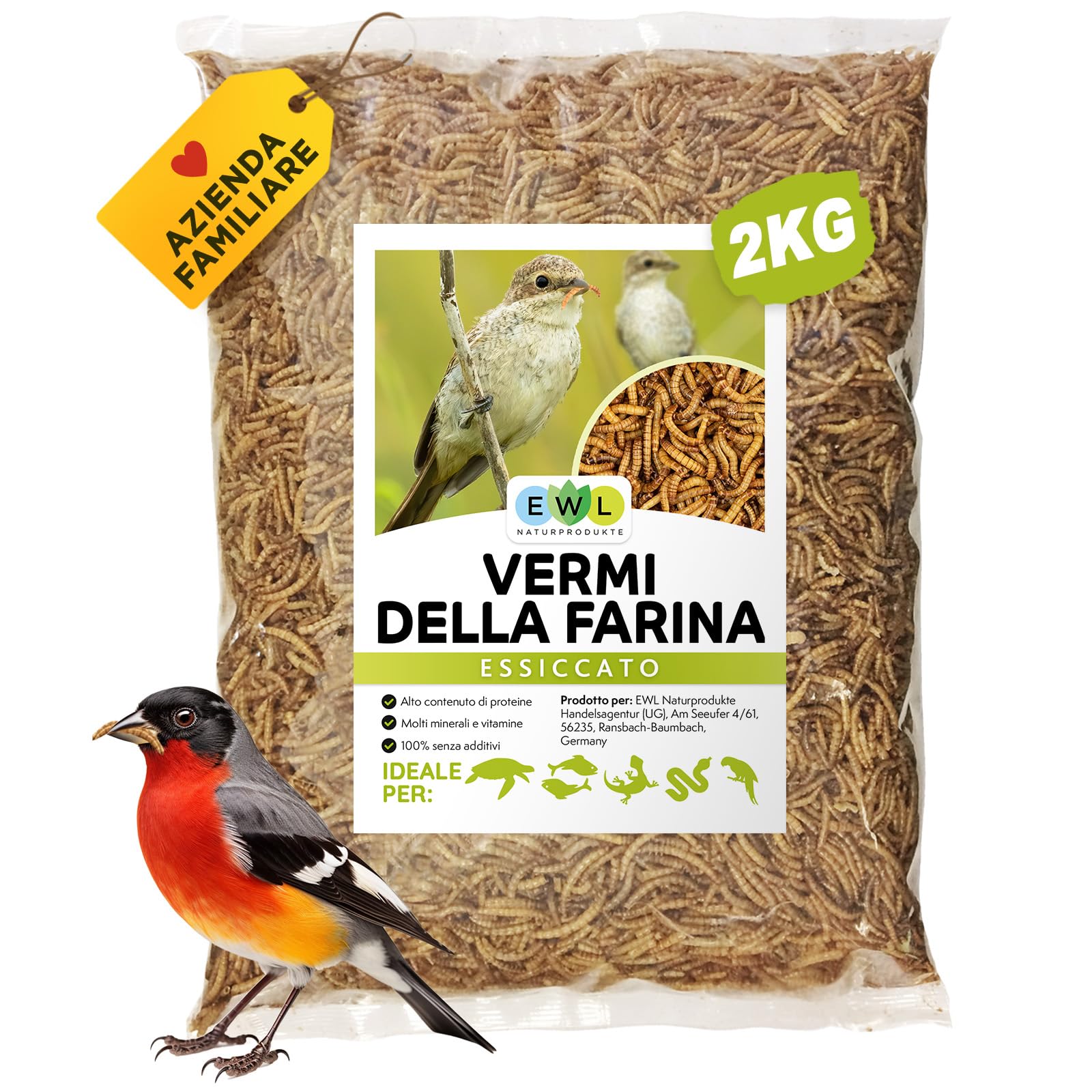 EWL Naturprodukte Vermi della Farina essiccati 2 kg (13 L), Snack a base di Insetti per Uccelli, Pesci, Tartarughe, Roditori e Rettili