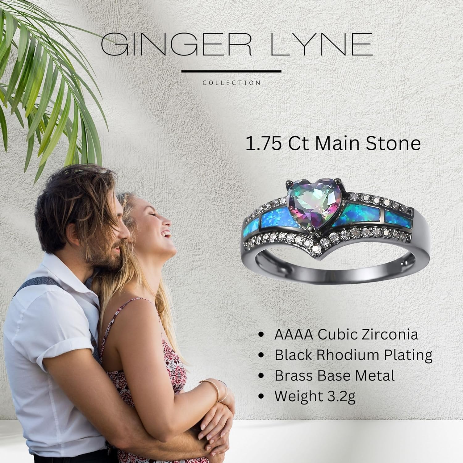 Black Engagement Ring for Women by Ginger Lyne | Heart Shaped Purple, Blue or Ranibow Mystic Topaz Color CZ Promise Ring | Simulated Fire Opal Inlay | Black Fashion Simple Bridal Band for Women