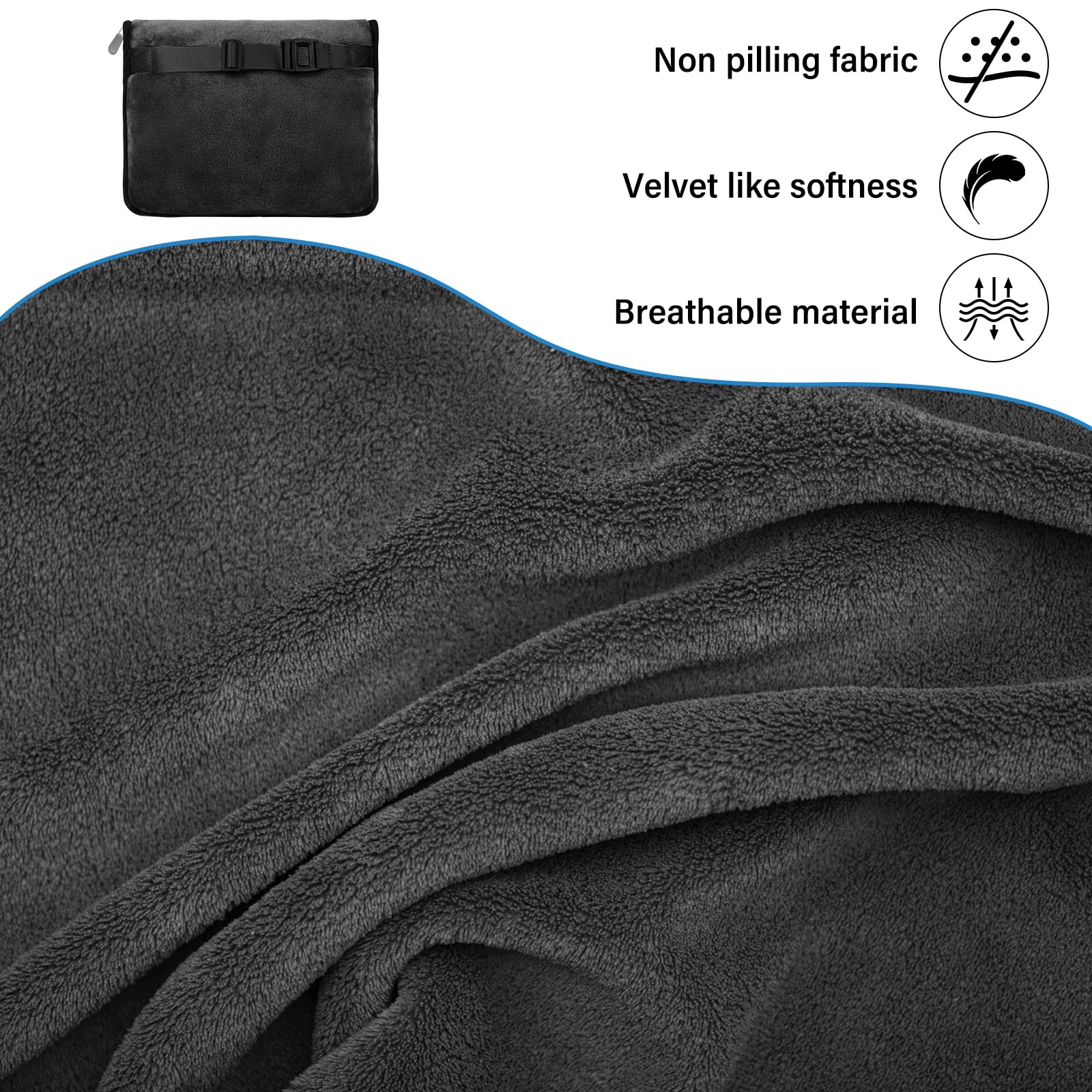 Manta de viaje para avión, cojín de transformación 2 en 1,127 x 152 cm, manta de viaje ultraligera, cálida, gadgets de viaje con antifaz para dormir y tapones para los oídos, cojín portátil para
