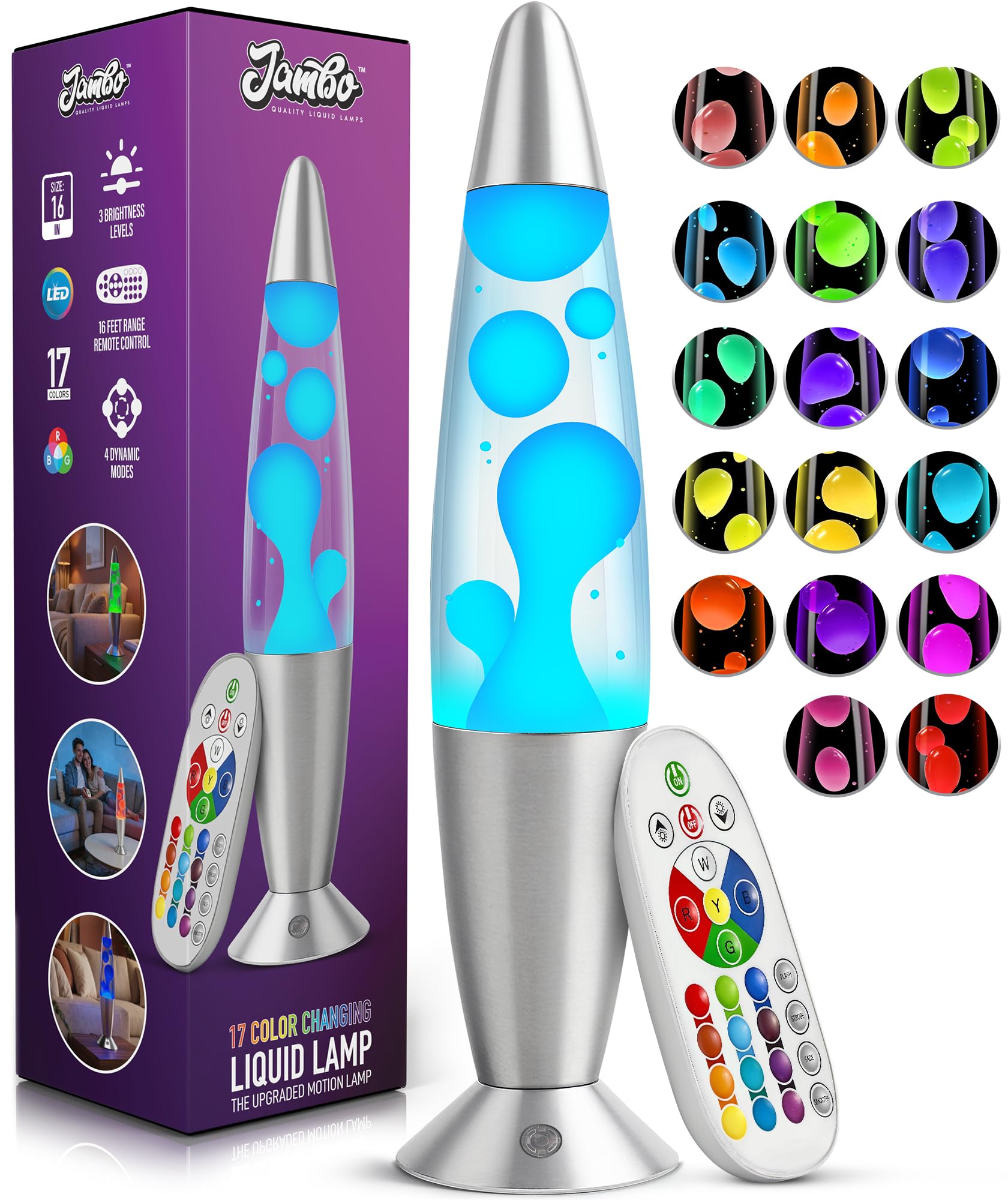 Jambo 17-Color Changing LED Motion Lamp with Remote, 16" LED Light for Kids Teens and Adults, Night Light Nightlight, Magma Lamp, Home Decor, Relaxing Light for Bedroom Living Room (Silver Base)