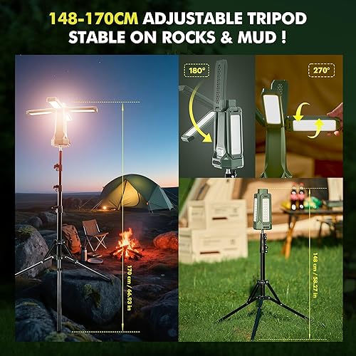 Miniatura 3 de Luz de campamento portátil con soporte de 67 pulgadas, luz de trabajo recargable - 6500 lúmenes, batería de 20000 mAh, linterna de emergencia