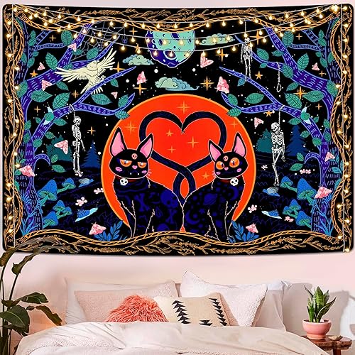 Miniatura 3 de Invoibler Tapiz estético de gato, diseño de calavera, hongo, diseño de bruja, luna, estrellas, tapiz de esqueleto gótico, tapiz de animales lindos