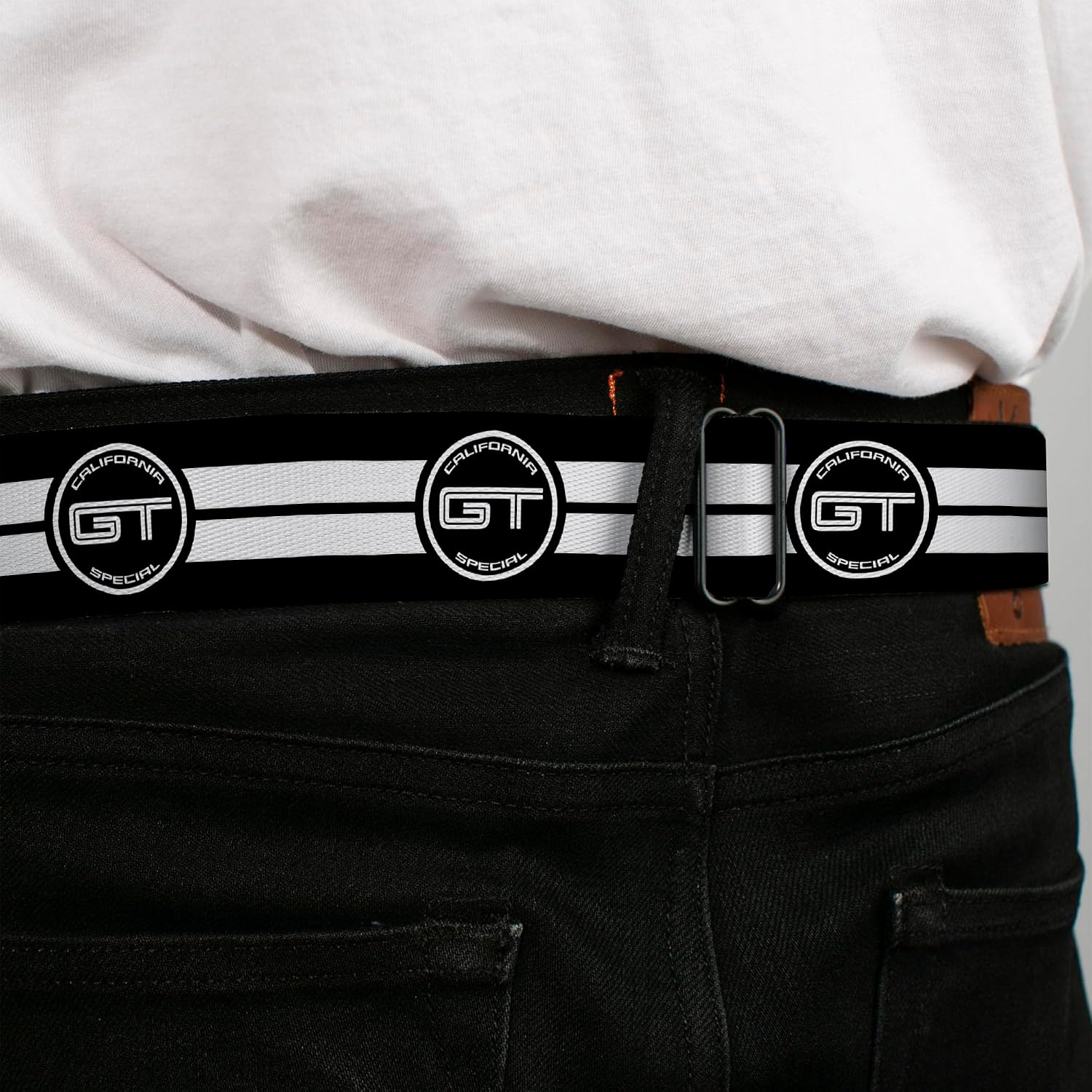 Buckle-Down Seatbelt Belt - Ford GT CALIFORNIA SPECIAL Emblem Stripe Black/White - 1.0" Wide - 20-36 Inches in Length