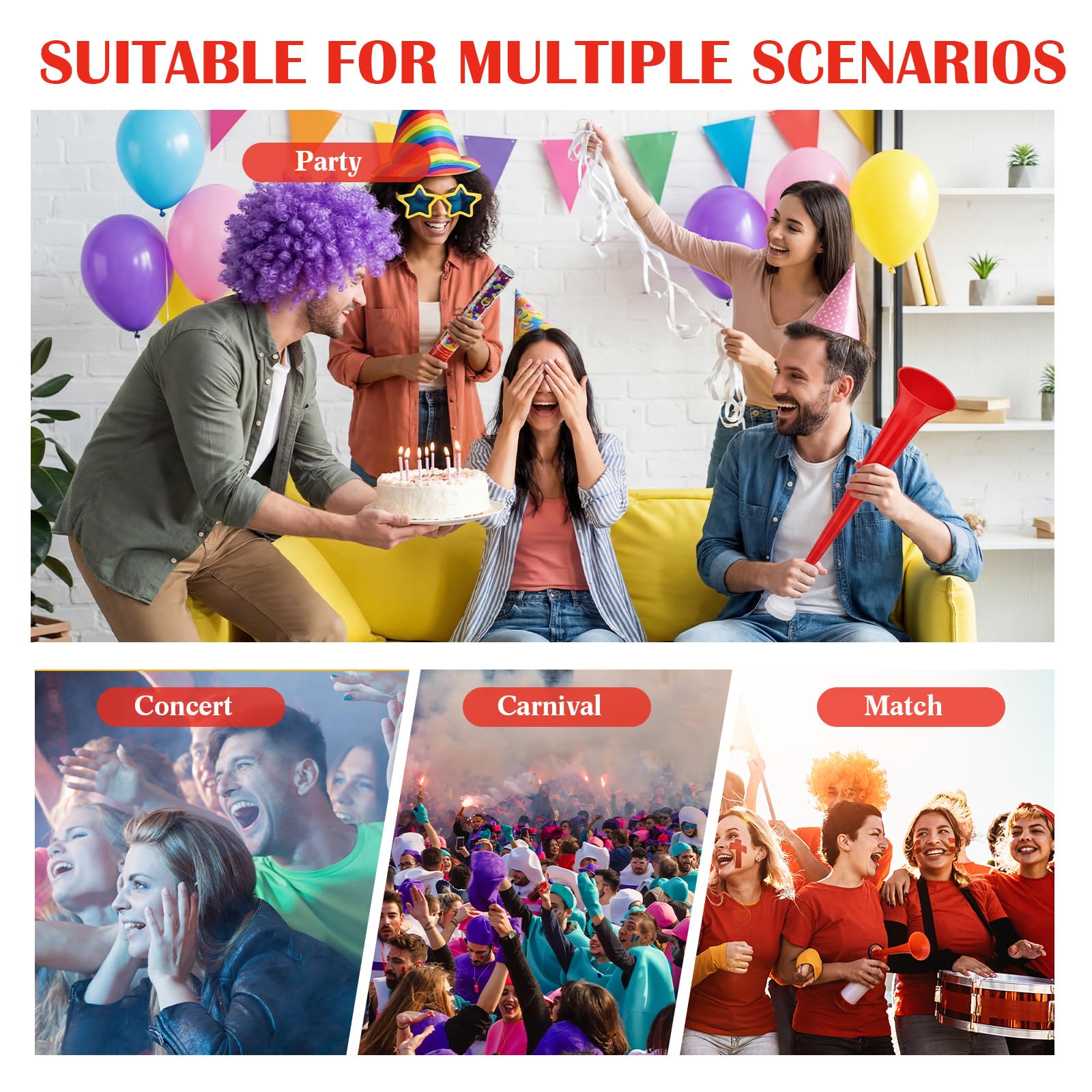 Libima Vuvuzela - 6 bocinas de estadio, para hacer ruido, de plástico, plegable, de 53.3 cm, juguetes para eventos deportivos, juegos de fútbol, suministros deportivos para fiestas (rojo)