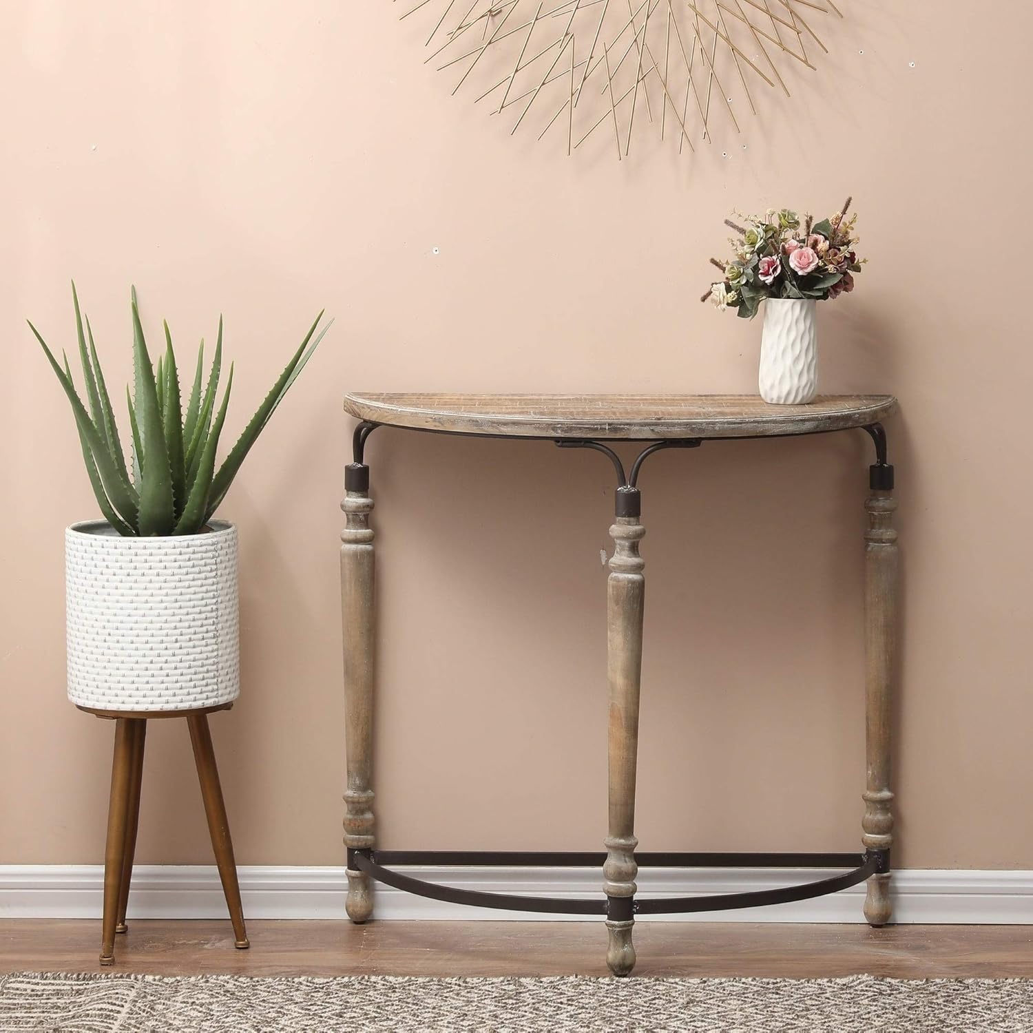Robin Road Wood Rustic Half Moon Table Black Brown Farmhouse Semi-Circle Iron Natural Finish Medium