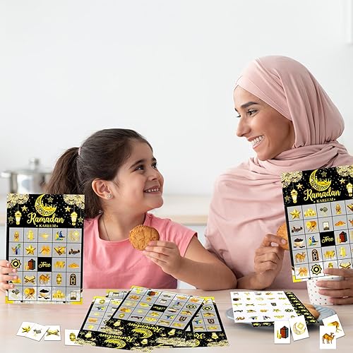 Miniatura 6 de HOWAF Tarjetas de juego de bingo de Ramadan Kareem, juegos de bingo de fiesta de Eid Mubarak para niños, decoraciones de fiesta de Ramadán Mubarak,