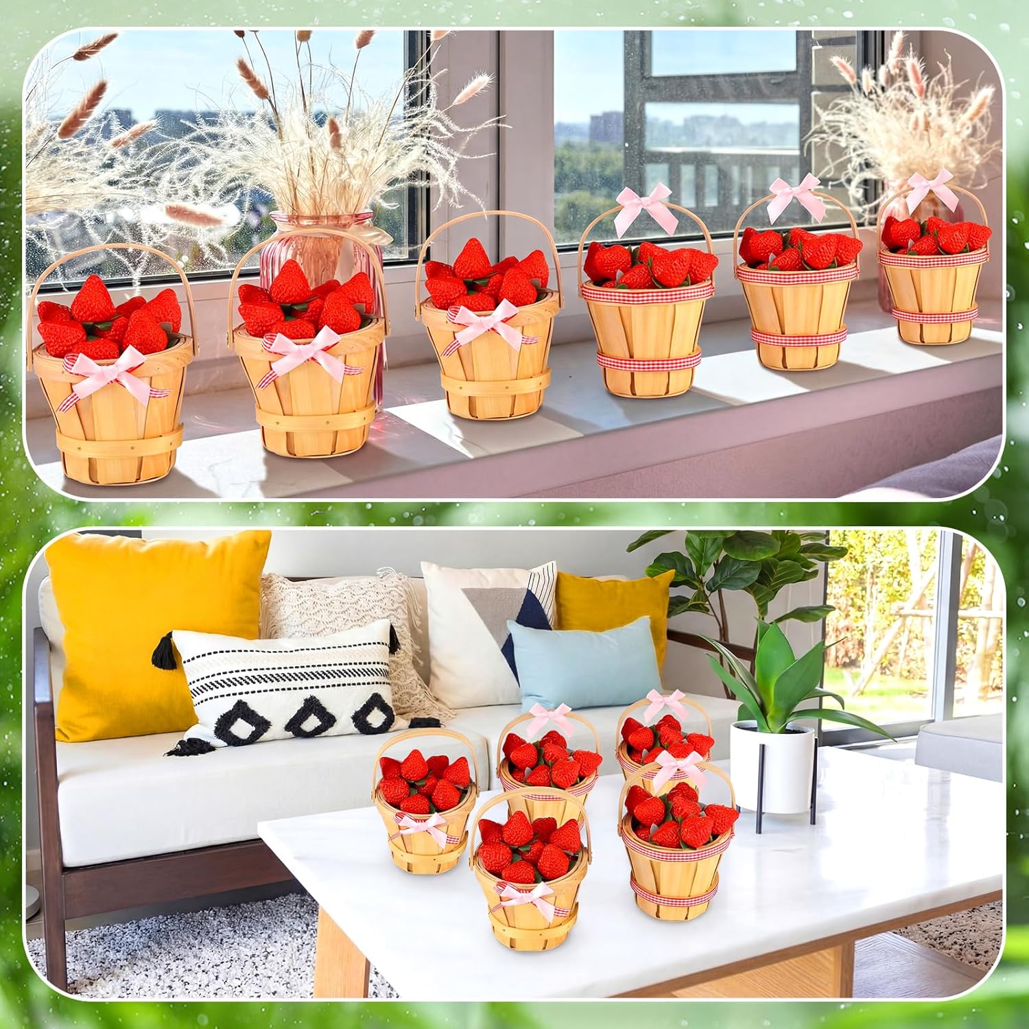 LemonRoad 6 Set Mini Strawberry Wooden Basket Decor 5.1 x 6.7 Inch Round Picnic Wooden Basket for Wedding Holiday Farmhouse Table Centerpiece and Home Decoration