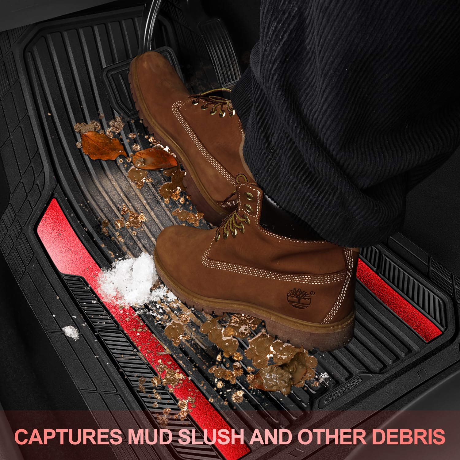 CAR PASS Heavy Duty Rubber Car Mats Metallic, Aluminum Film All Weather Floor Mats Waterproof Universal Trim to Fit Automotive SUV Sedan Van 4 Piece Anodized Deep Dish Two-Tone Sporty Black Red Chrome