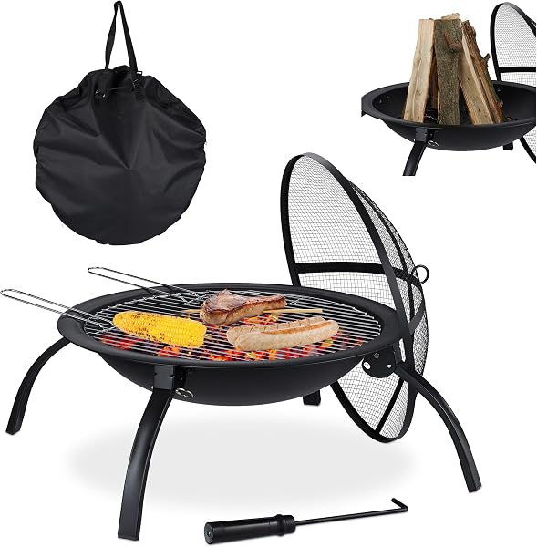 Relaxdays Braciere XL, con Custodia, Graticola, Attizzatoio, Coperchio Parascintille, Giardino, Terrazza, ∅56,5 cm, Nero - 1