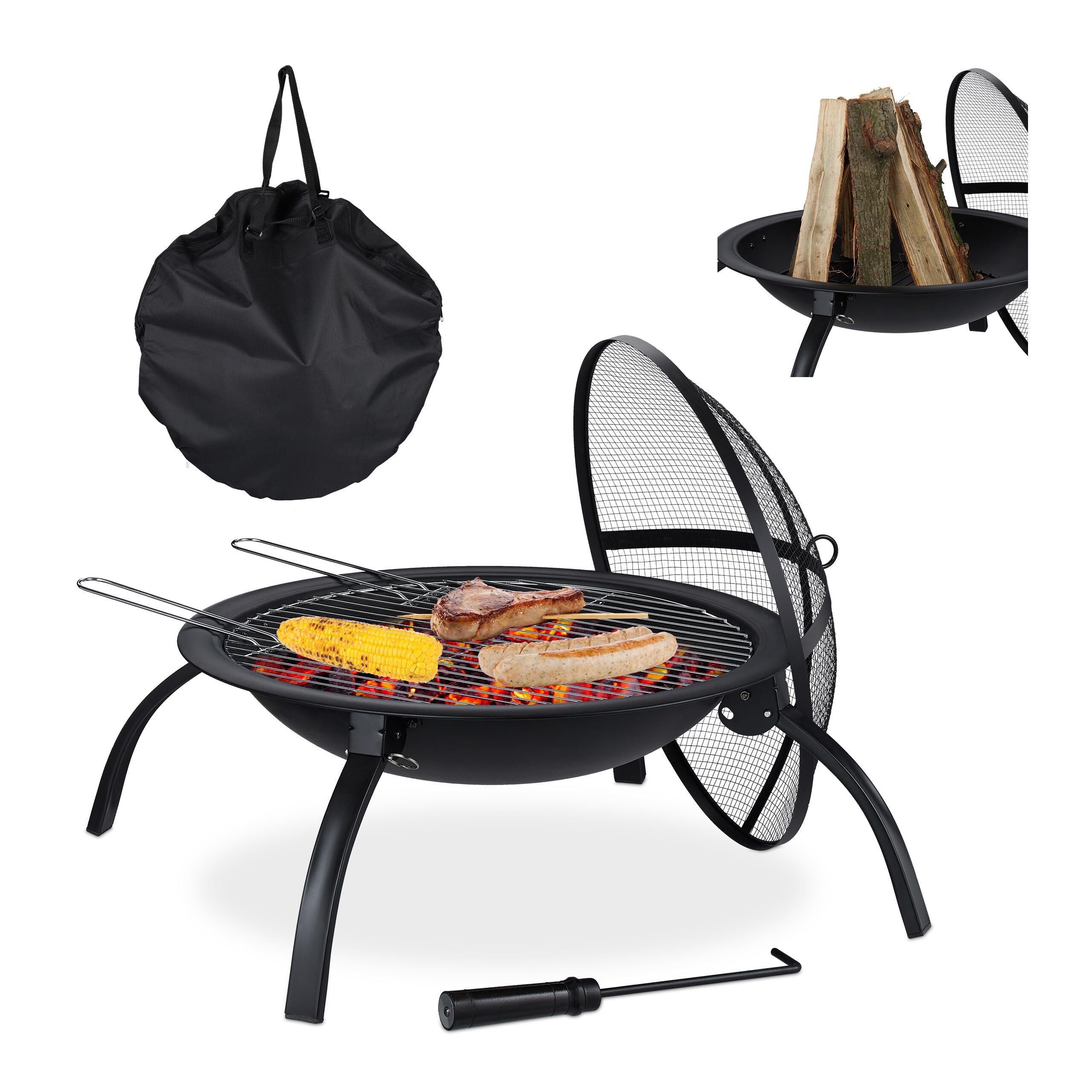 Relaxdays Palenisko XL z torbą, ruszt do grilla, pogrzebacz, pokrywa chroniąca przed iskrami, do ogrodu, na taras, średnica 56,5 cm, czarna