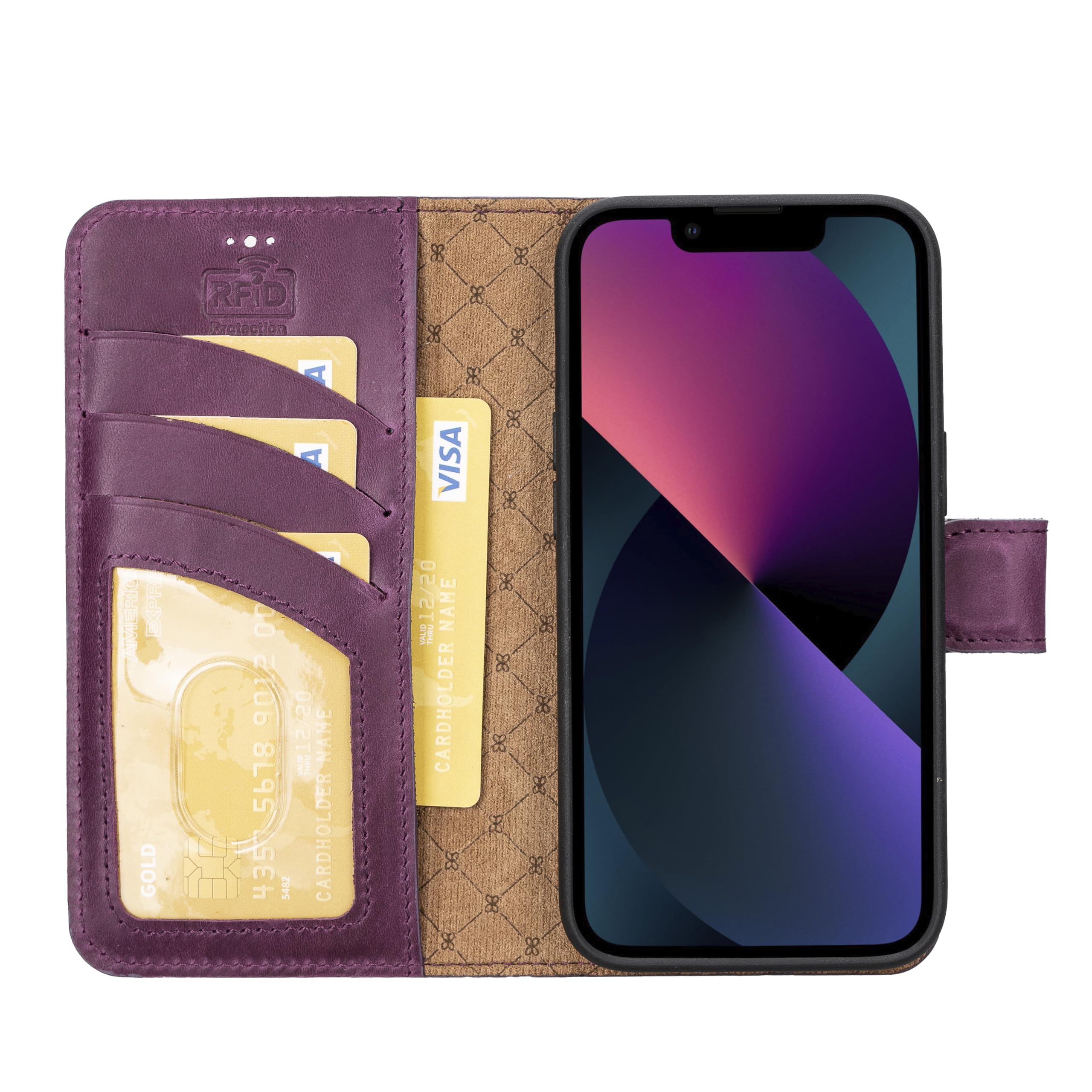 BOULETTA for iPhone 14 Wallet Case Magsafe Compatible Full Grain Leather, Magnetic Detachable Folio Phone Wallet Case (2 in 1) - 3 Card Holders with RFID Blocking 6.1 inch, Purple