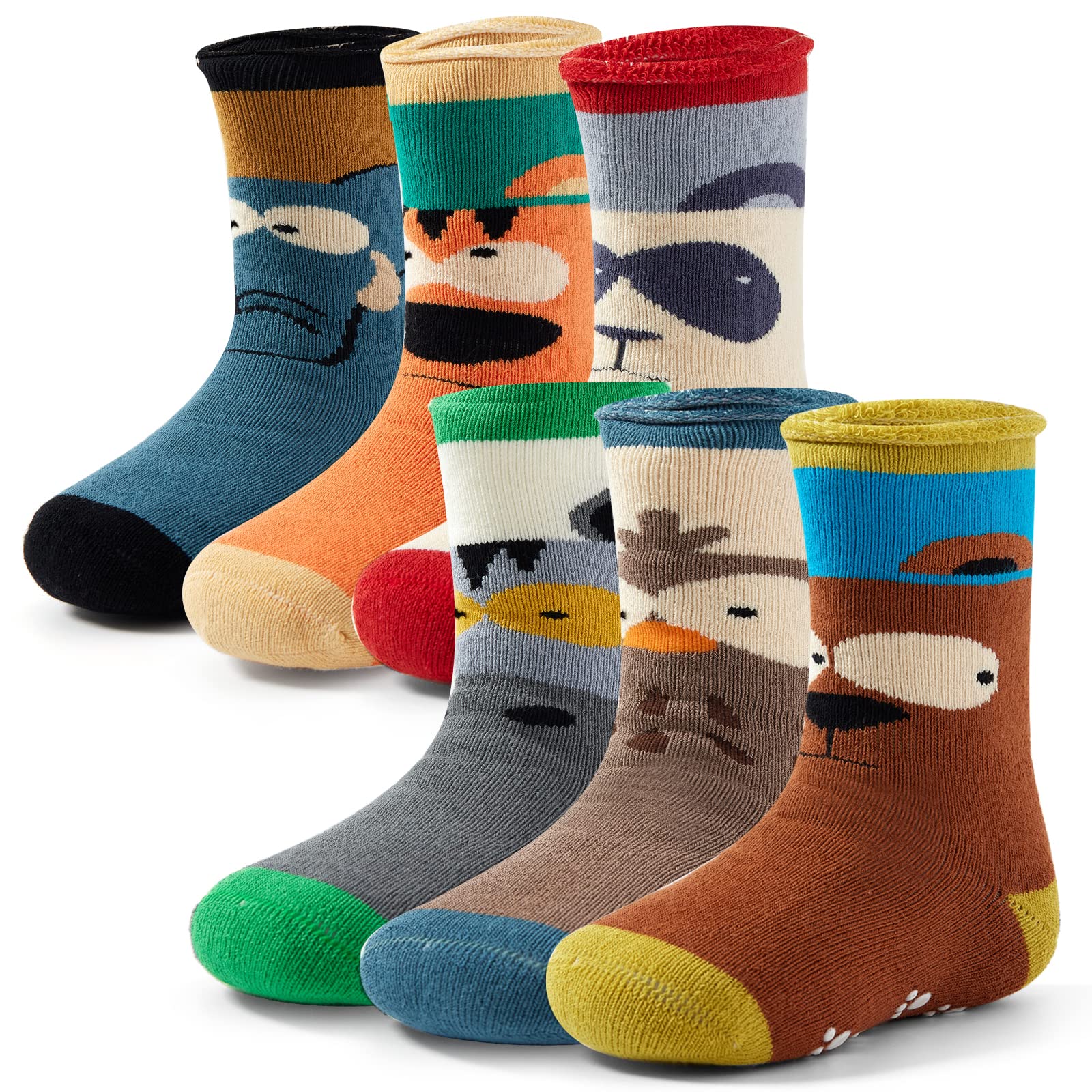 Qterdiz Toddler Winter Socks Non Slip Warm Socks with Grips for Toddler Boys Girls Fuzzy Terry Animals Mix 6 Pack 2T-3T