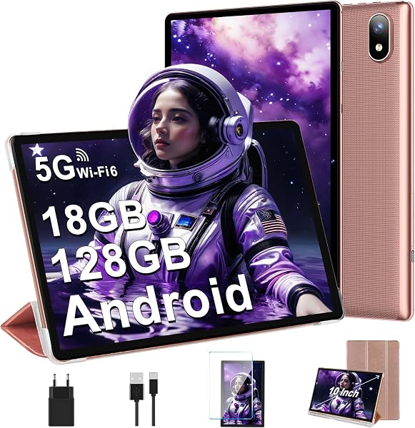 DMOAO Tablet 10 Pollici Android con 18GB RAM + 128GB ROM(TF 1TB), HD Tablet con 5G Wi-Fi 6, Widevine L1, Octa-Core 1.8 GHz, USB-C, BT 5.0, 6000mAh,Custodia, Oro Rosa