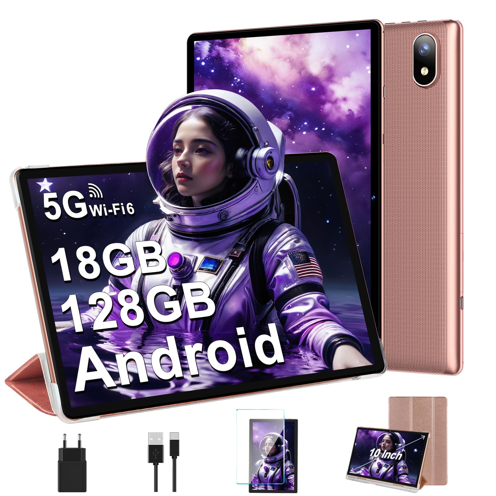 DMOAO Tablet 10 Pollici Android con 18GB RAM + 128GB ROM(TF 1TB), HD Tablet con 5G Wi-Fi 6, Widevine L1, Octa-Core 1.8 GHz, USB-C, BT 5.0, 6000mAh,Custodia, Oro Rosa