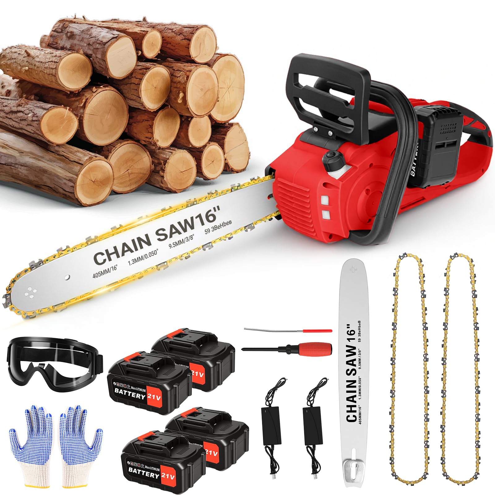 16 Inch Electric Cordless Chainsaw with 4*4000mAh Battery, Brushless Motor 2200W Chainsaw with Automatic Chain Lubricationr and Chain Brake Tool-Free Tensioning Ideal for Cutting Trees & Chopping Logs