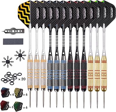 Turnart Dartpfeile Metallspitze -12 Stück 24 Gramm Profi Steel Darts Pfeile Dartpfeile Profi Dartpfeile Steel Set 12 Aluminium Schaft mit 24 Flights 20 Anti-Lose Gummiringe