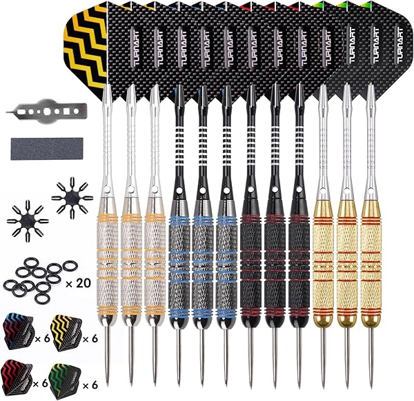 Turnart Dartpfeile Metallspitze -12 Stück 24 Gramm Profi Steel Darts Pfeile Dartpfeile Profi Dartpfeile Steel Set 12 Aluminium Schaft mit 24 Flights 20 Anti-Lose Gummiringe