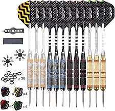 Turnart Darts Steel Tip 12pcs 24g Professional Darts 24 Wings 12 Darts with 20 Rubber Rings Tool Brass Darts Set