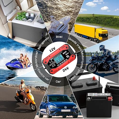 Miniatura 2 de Cargador de batería de 10 amperios, 12 V y 24 V, cargador de batería inteligente totalmente automático, cargador de batería de mantenimiento de