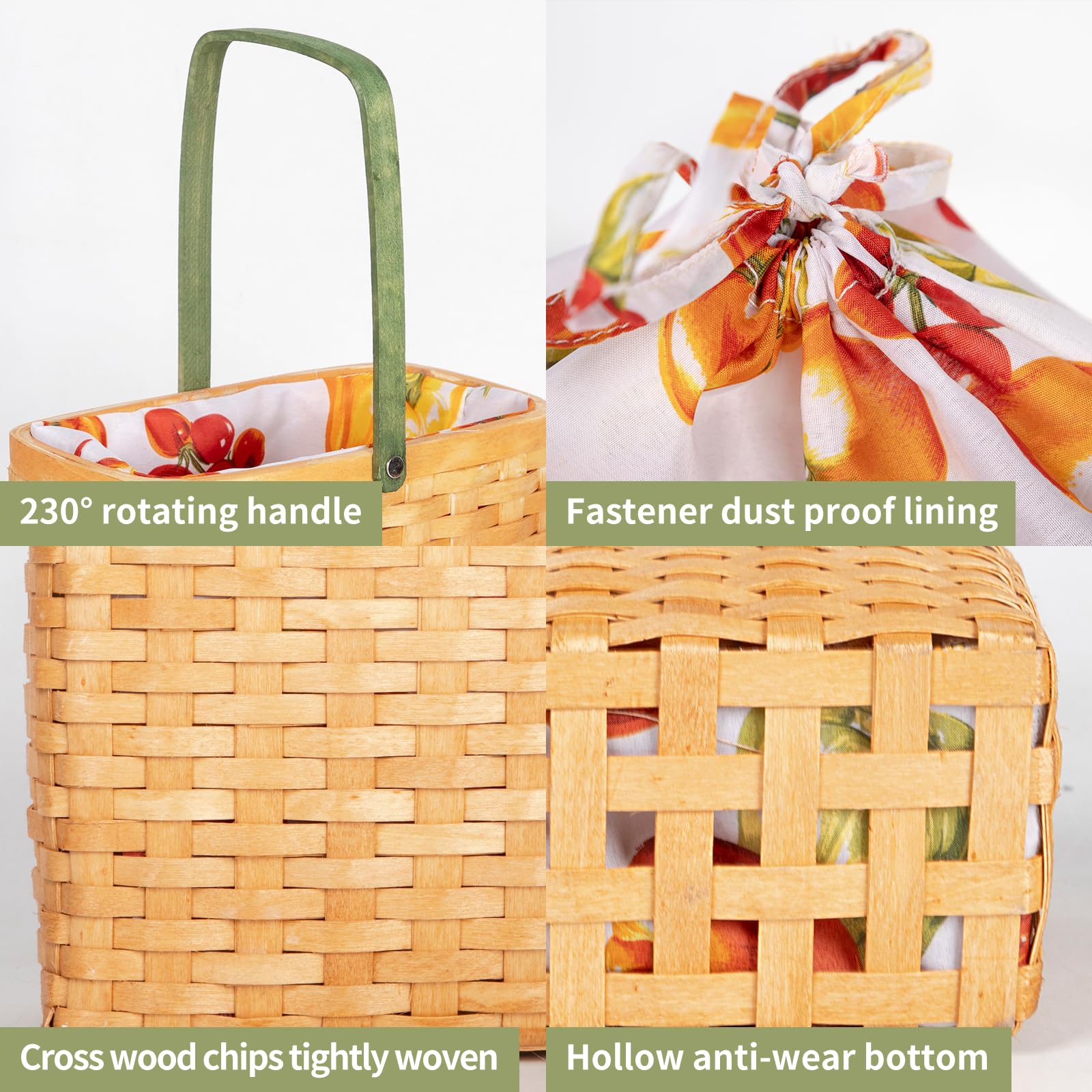 Cesta de regalo de madera, cesta tejida con forro y asa extraíble para acampar al aire libre, Pascua, Acción de Gracias, cumpleaños