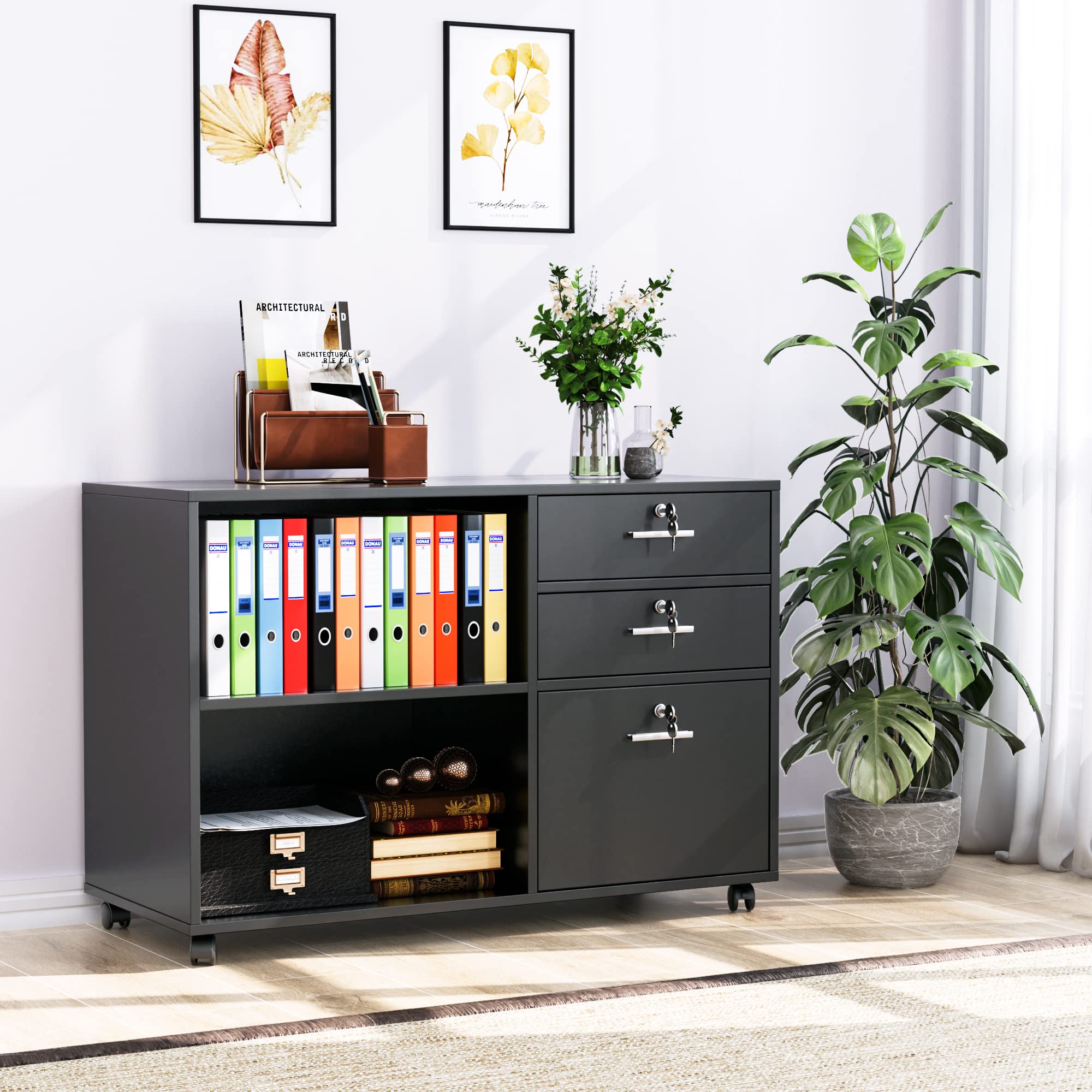 Office File with 3 Drawers and Lock, Wood Lateral Filing