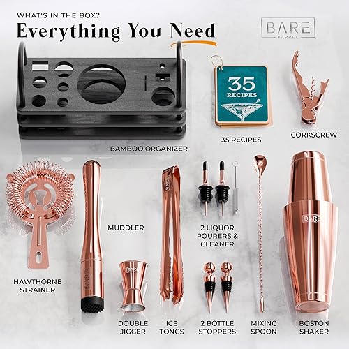 Miniatura 4 de BARE BARREL Pro Mixology Bartender Set Bar Kit  Juego de coctelera Boston de 14 piezas  Herramientas profesionales de mezcla de bar para bar en casa