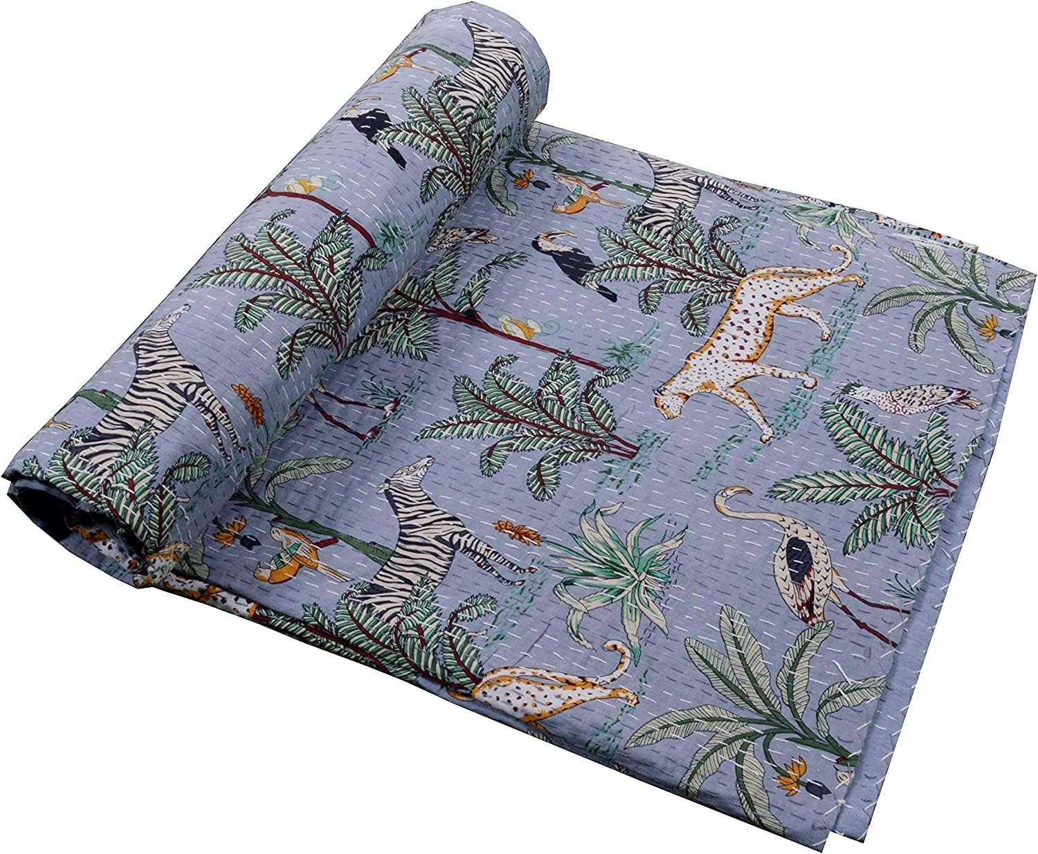 Rajasthaniartdecor Indian Traditional Vintage Multi Color Pure Cotton Fabric Handmade Kantha Quilt Bed Cover Throw Animal Printed Kantha Quilts (Gray, Single 60x90 Inch)