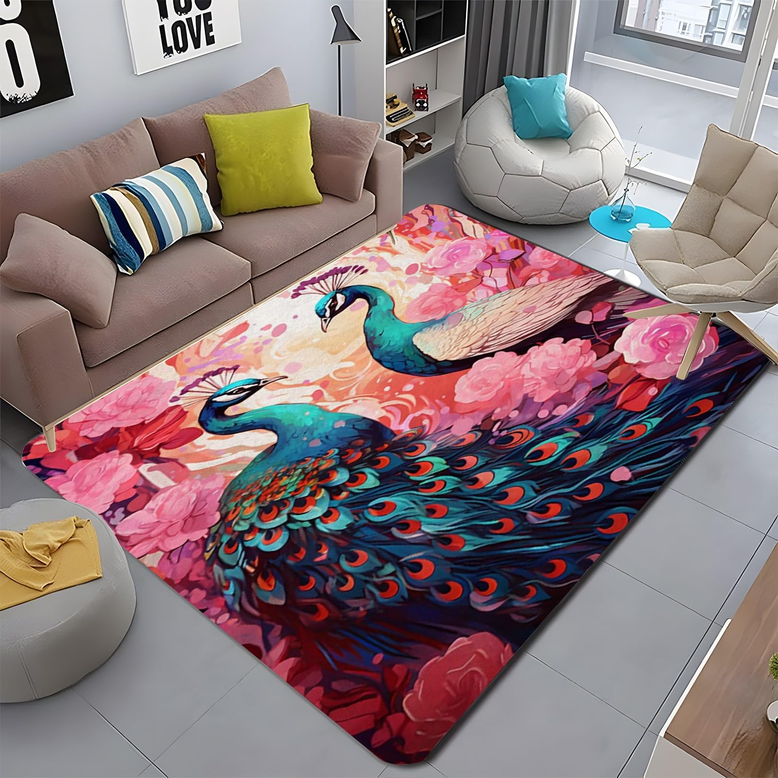 花と孔雀の刺繍の段通絨毯、ラグ