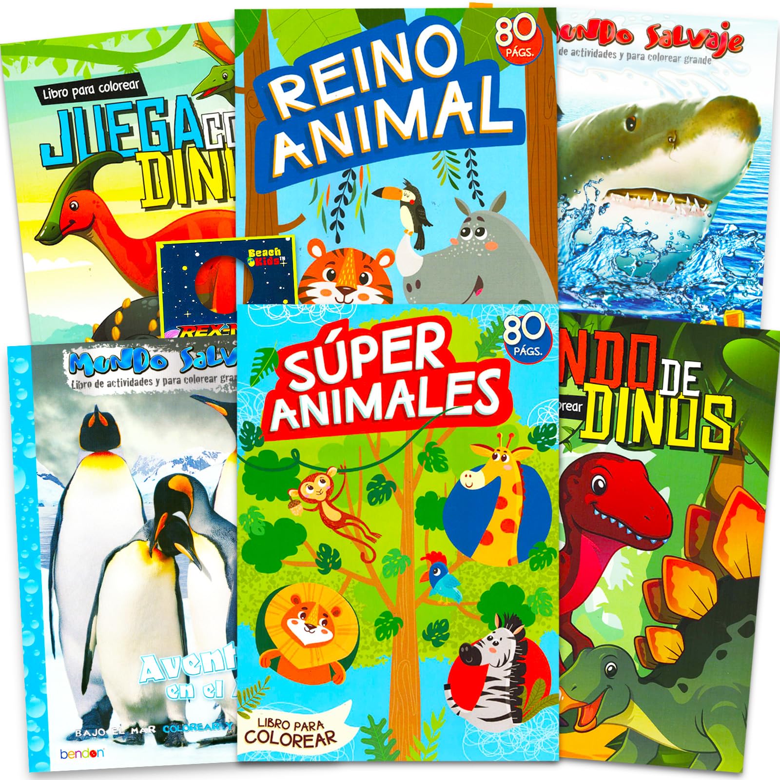 Game Party Spanish Animals, Sharks, and Dinosaurs Bundle with 6 Pc Coloring Book Set with Bonus Stickers ~ Libro de Colorear de 6 Piezas de Animales, Tiburones, y Dinosaurios con Pegatinas