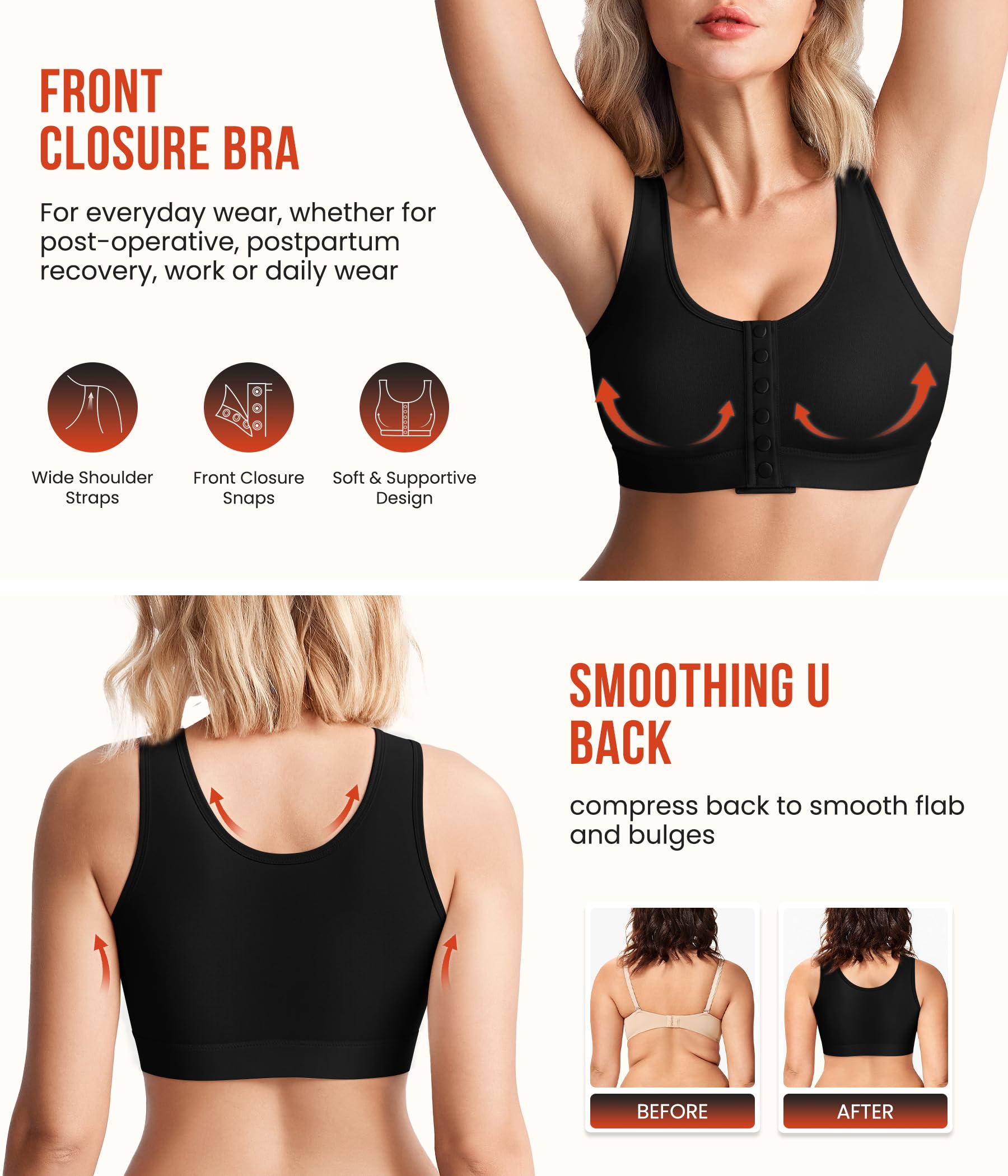 Junlan Damen Postoperativer Sport BH Ohne Bügel Vorderverschluss Racerback Bequemer Bustier Nach Brust Op Kompressions BH Sport Bra mit Rückenstütze Bequemer Bustier