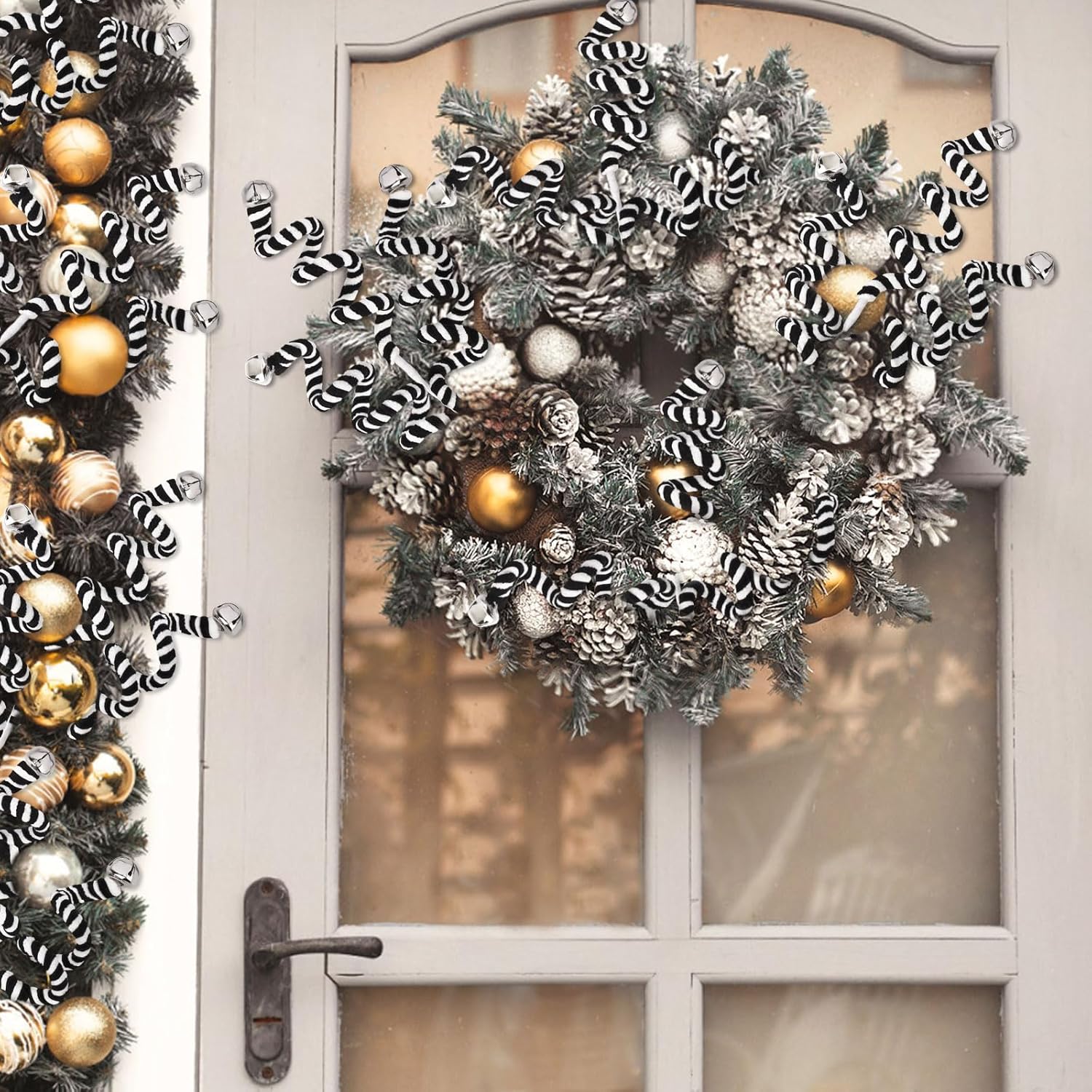 RINOLY 6 Pcs Christmas Tree Topper,17 in Black and White Candy Cane Christmas Decorations,Woolen Bells Curly Christmas Tree Picks Xmas Ornaments for Tree Decors Vase Filler Garland - Image 6