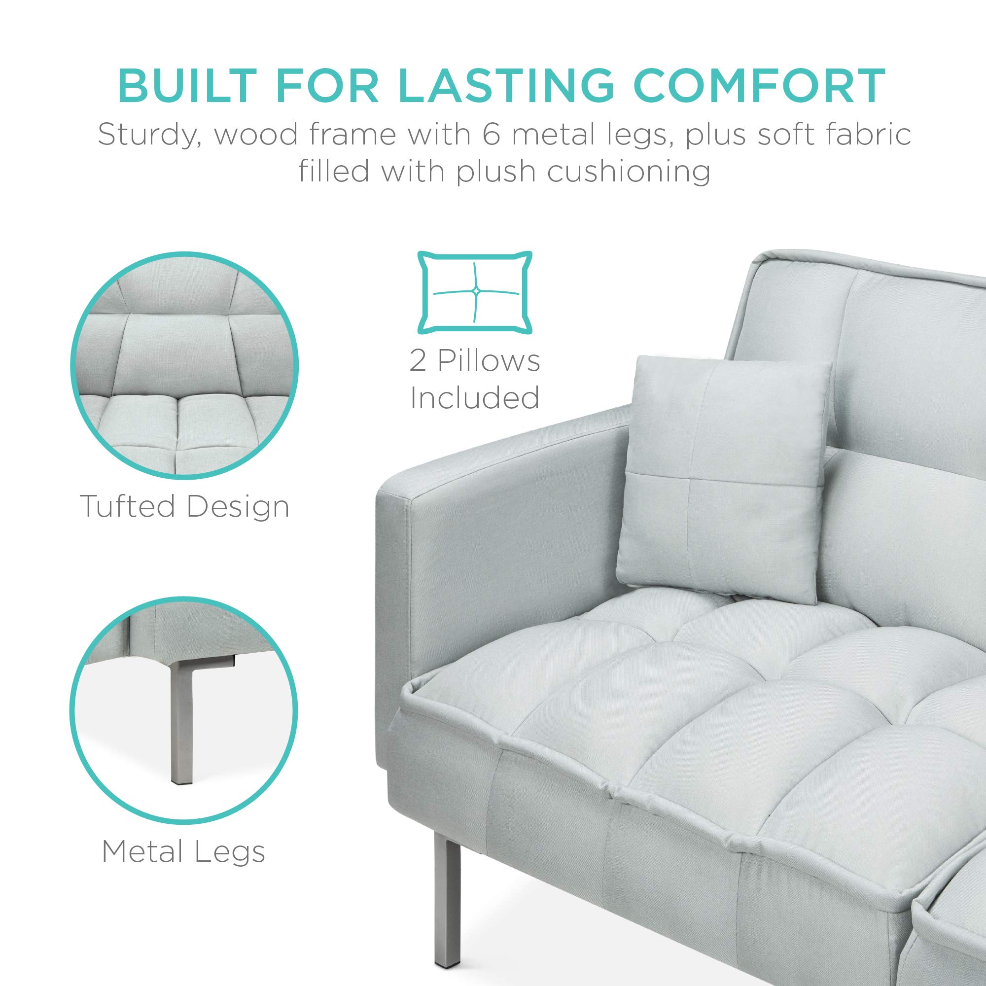 Best Choice Products Convertible Linen Fabric Tufted Split-Back Plush Futon Sofa Furniture for Living Room, Apartment, Bonus Room, Overnight Guests w/ 2 Pillows, Wood Frame, Metal Legs - Light Gray