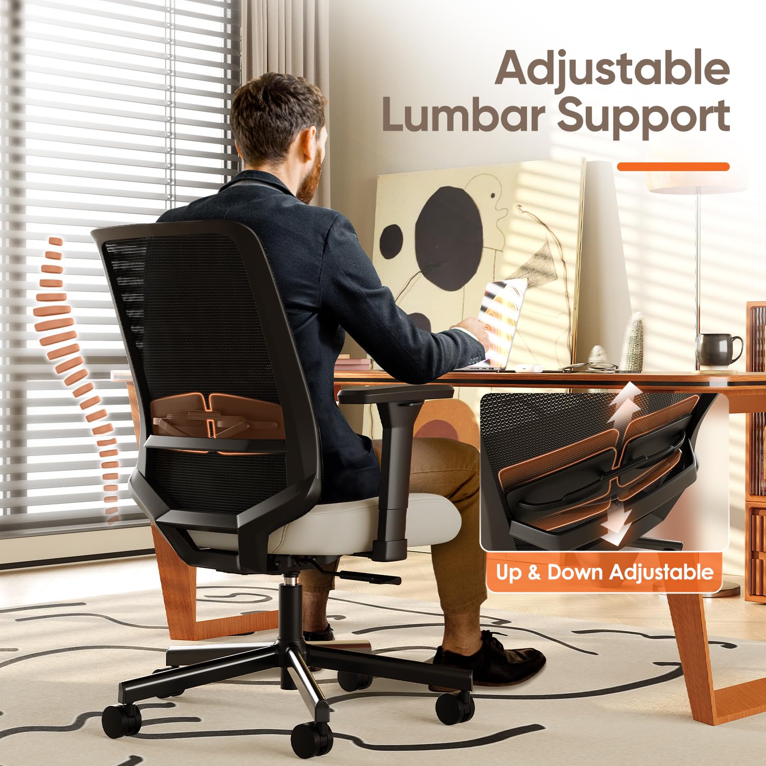 Silla de oficina ergonómica, sillas de escritorio de malla para computadora con soporte lumbar ajustable, reposabrazos 3D, función de inclinación, cómodo asiento ancho, silla giratoria de 2